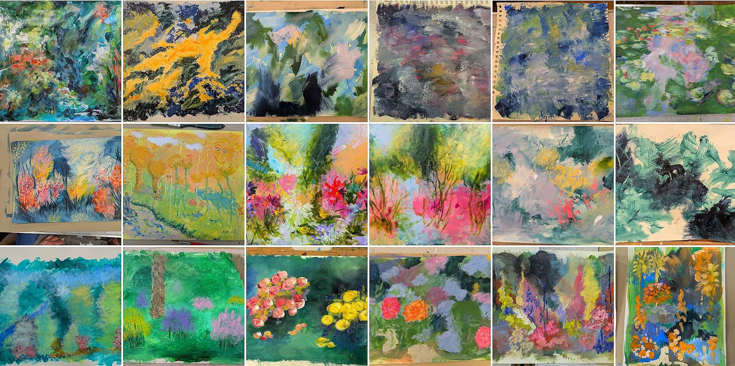 A collage of 20 impressionist-style landscape and floral paintings with vibrant colors and varied brushstrokes.