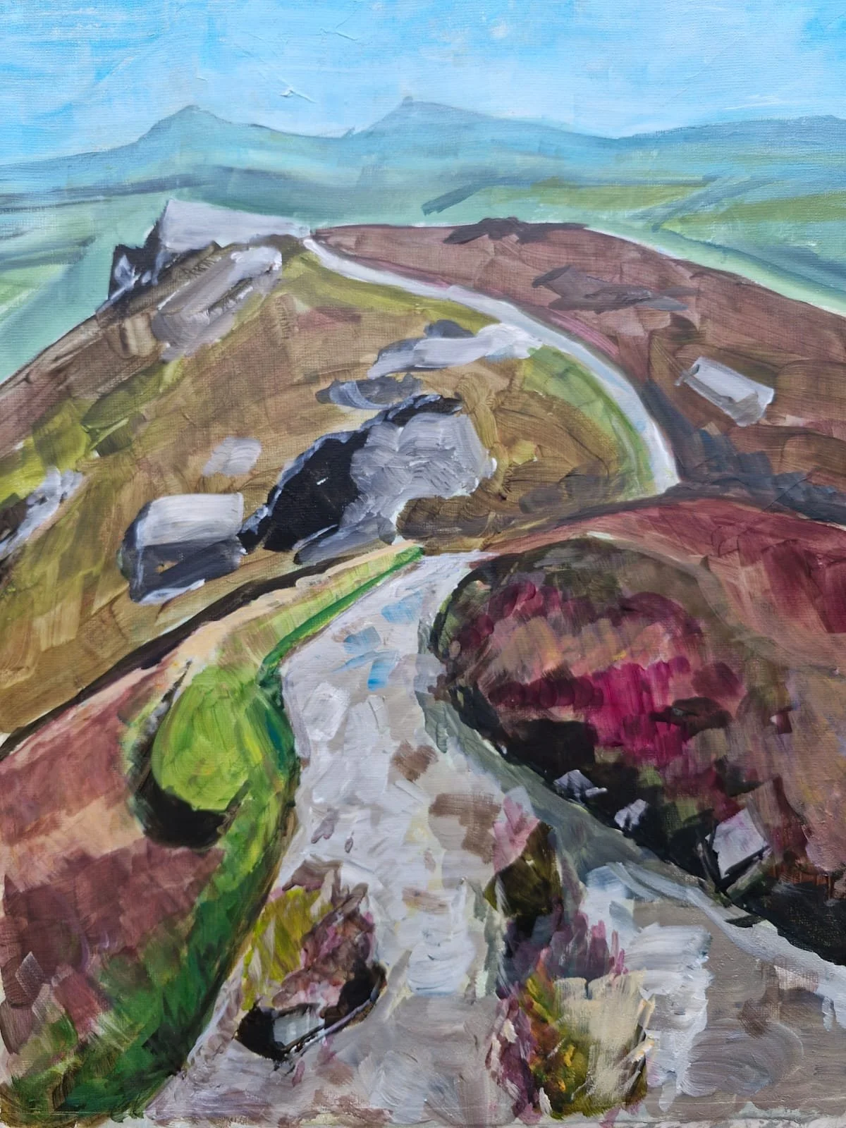 An abstract landscape painting showing a winding dirt road through hilly countryside with patches of grass and purple bushes.