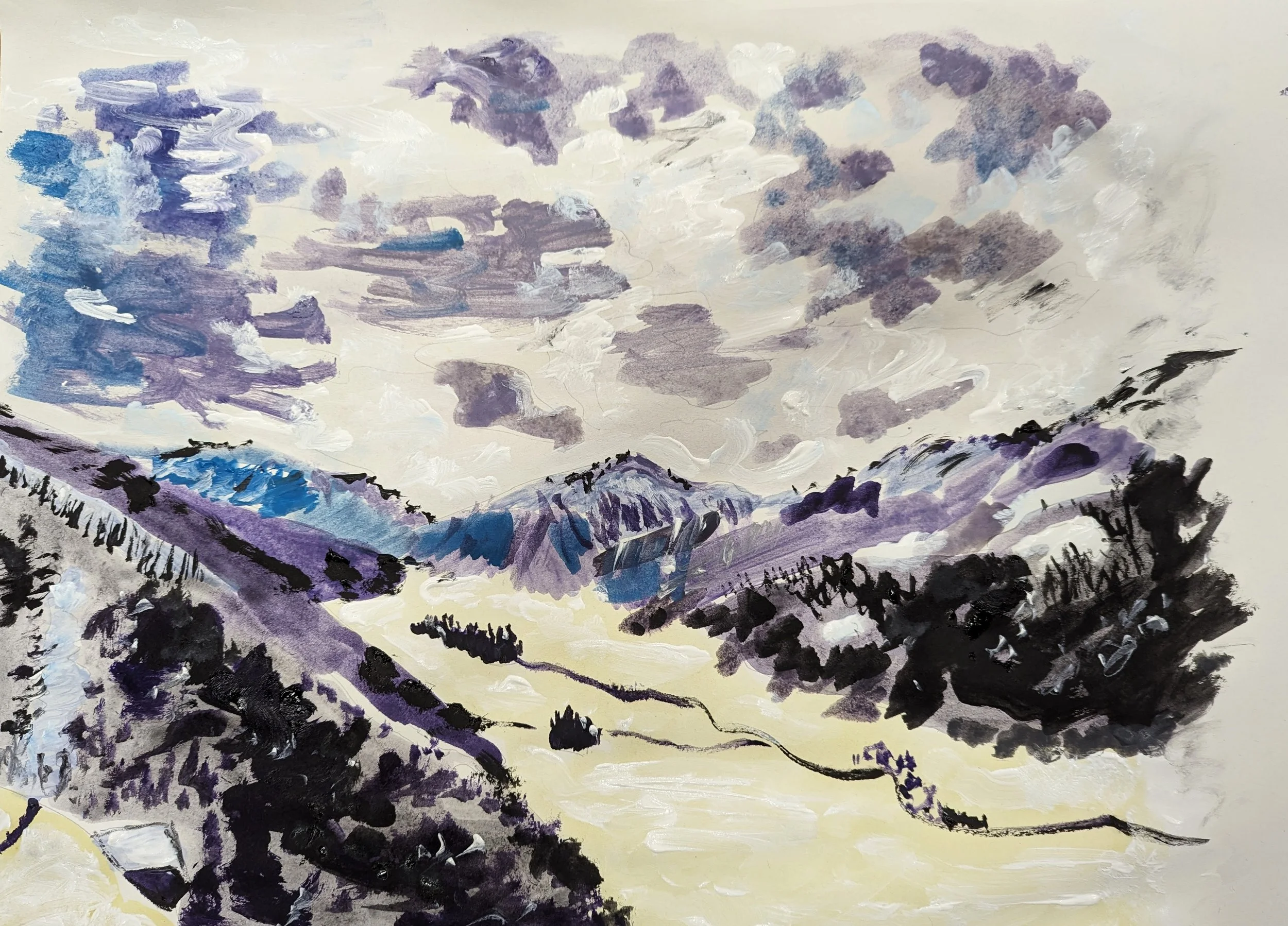 An abstract landscape painting of snowy mountains and a cloudy sky, using shades of purple, white, blue, and black.