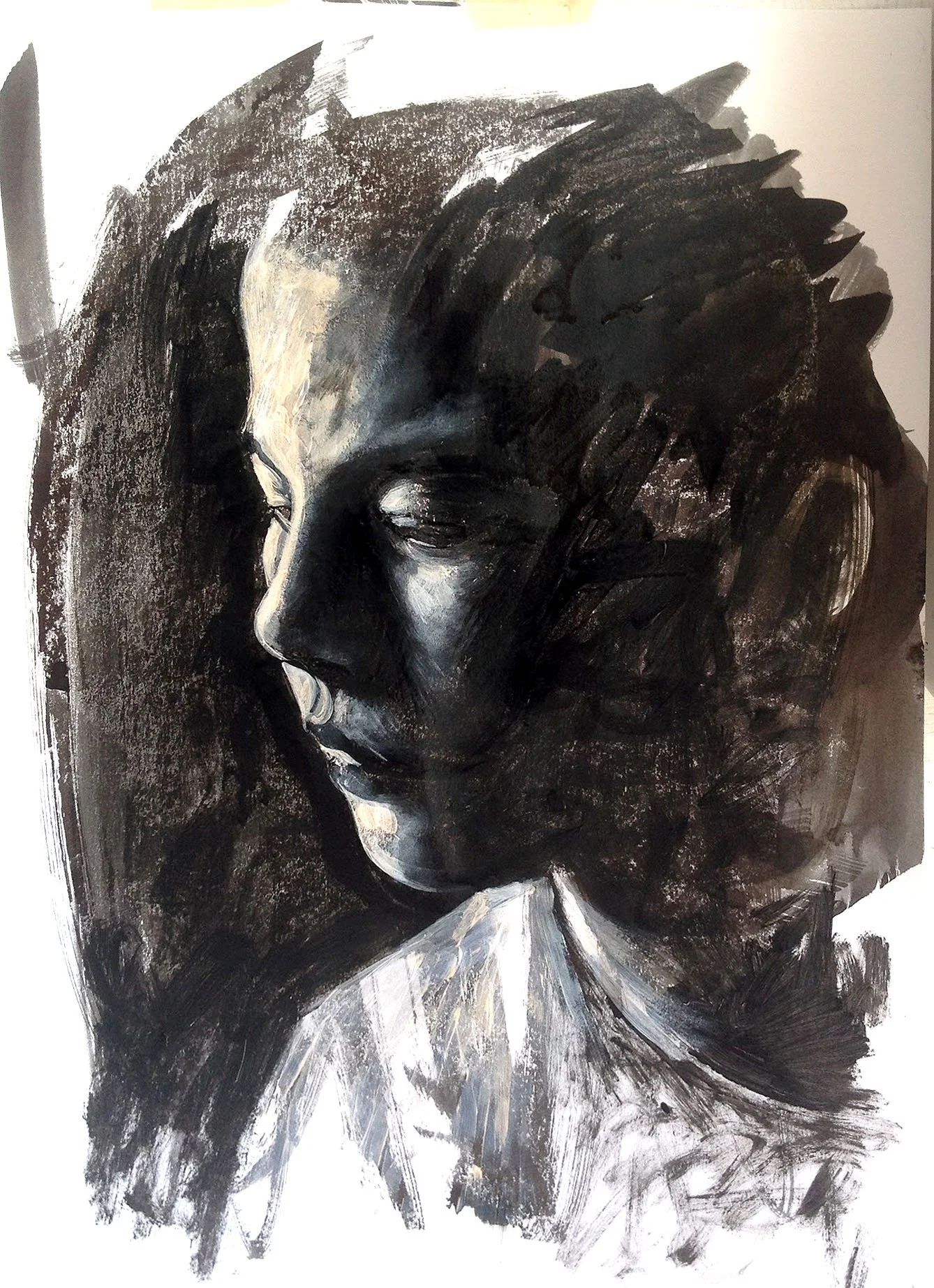 A monochrome painting of a woman's face in profile leaning forward, rendered with bold brushstrokes and shading.