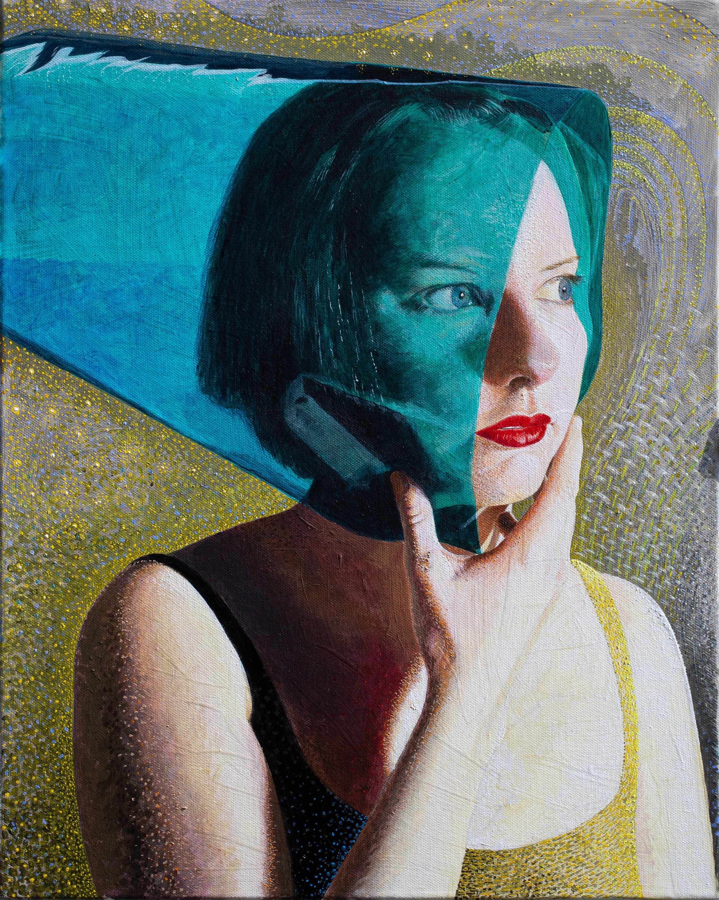 Hazel is holding tinted turquoise acetate which partially colours her face