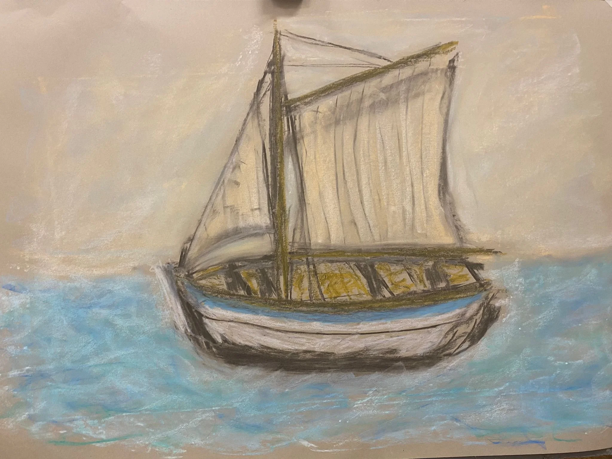 Drawing of a sailboat with beige sails on blue water and a light beige sky.