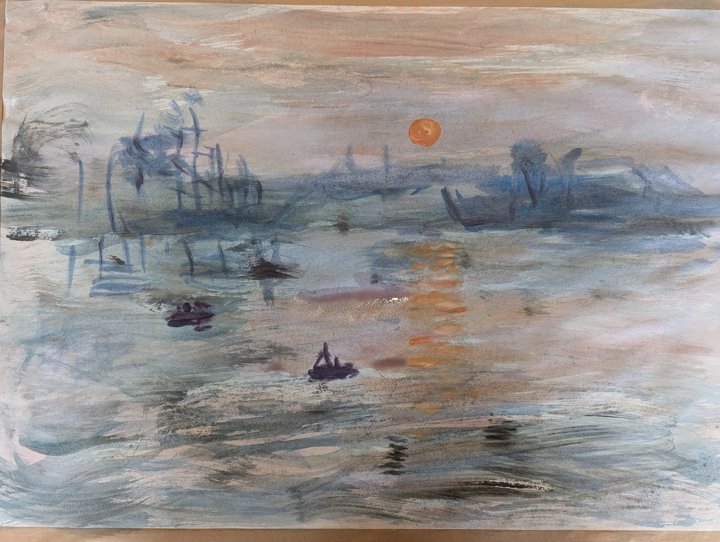 A watercolor painting of a river scene at sunset with boats, trees, and a bright orange sun reflected on the water.
