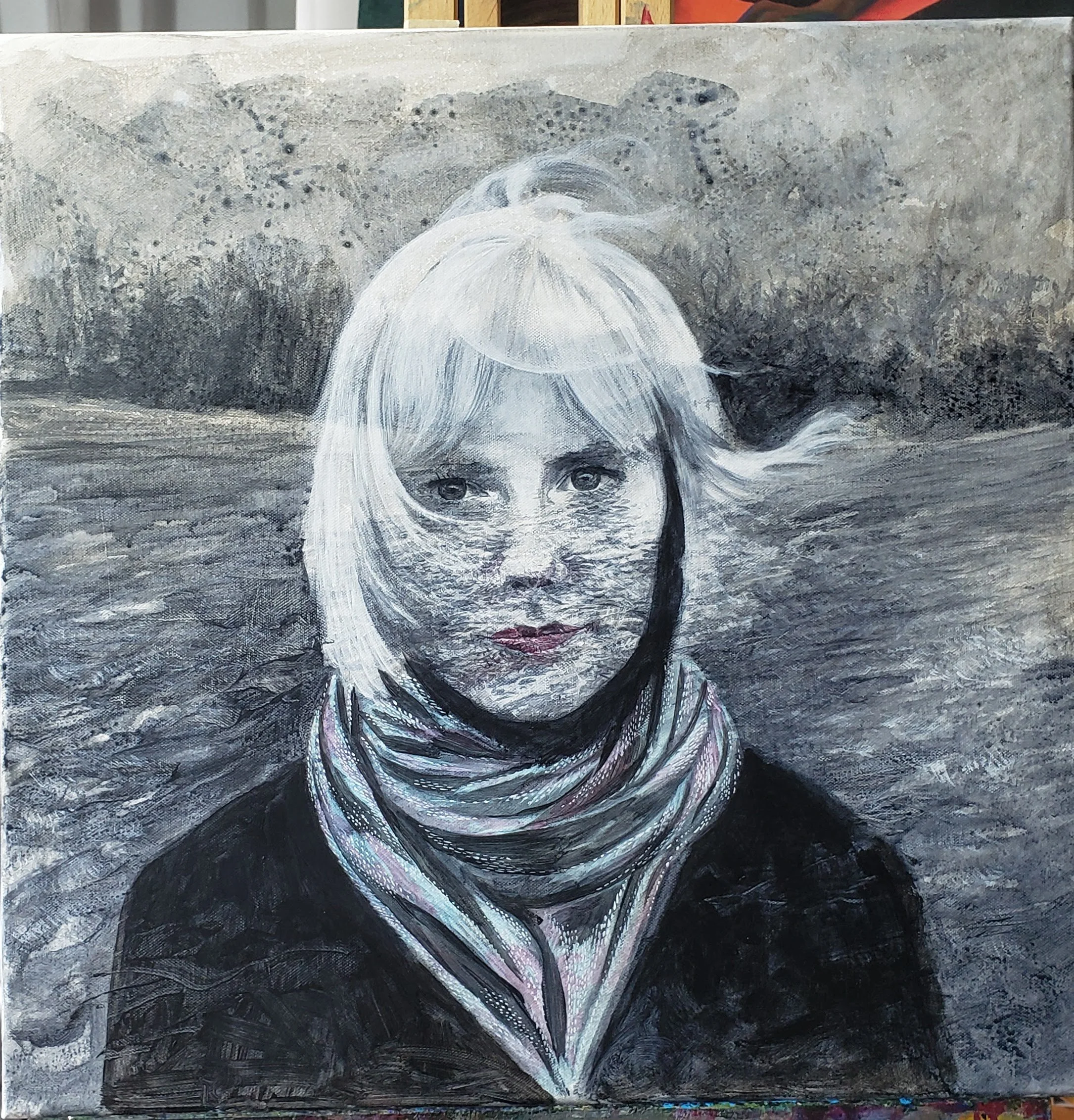A primarily monotone painting of a Hazel, wearing a scarf and a dark top, superimposed onto a body of field with a forest in the background.