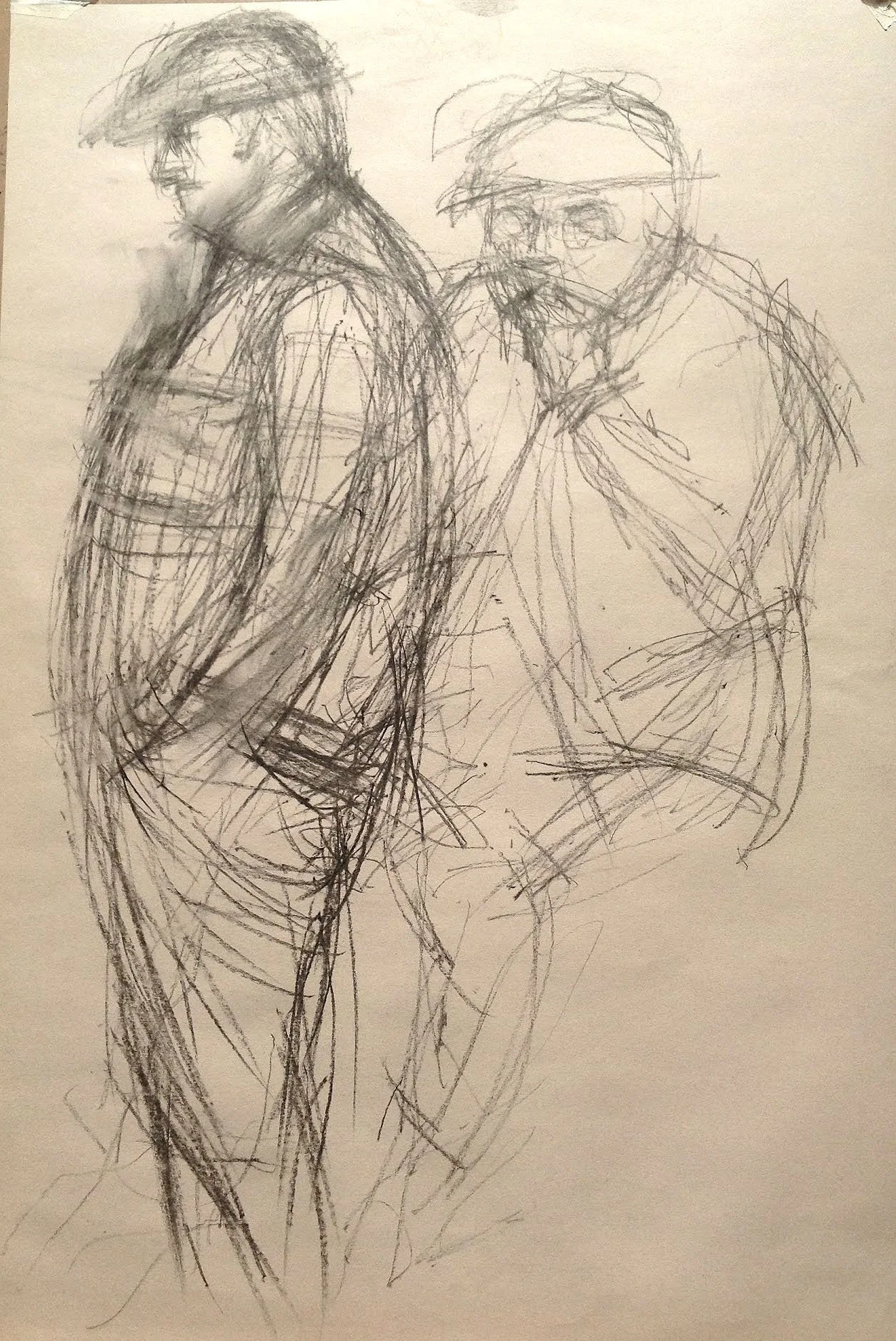 Sketch of two figures, one on the left with glasses and a plaid shirt, and the other on the right wearing a hat and glasses, with one hand near his face.