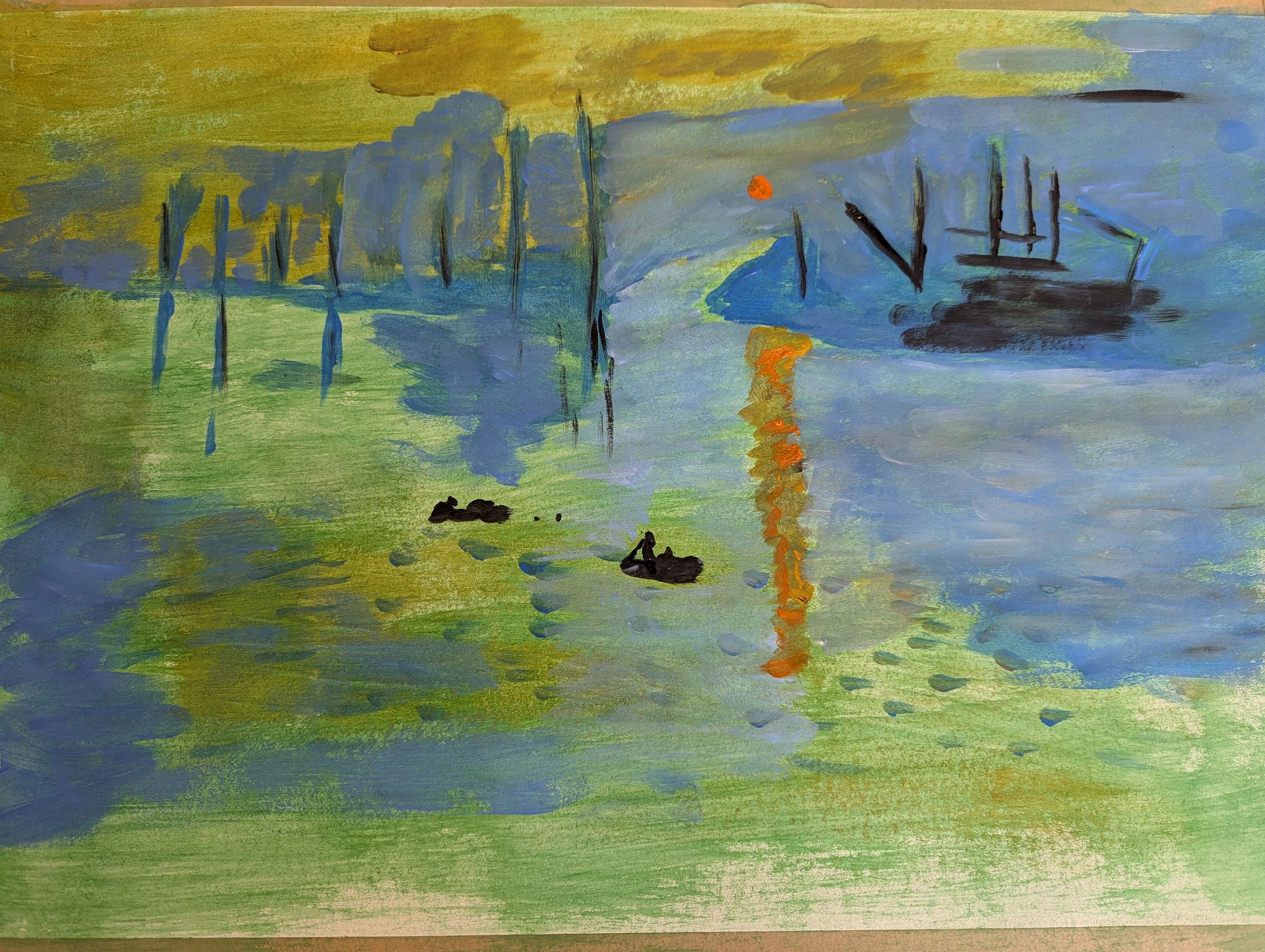 A colorful impressionist painting of a lake at sunset, with a person in a small boat, reflections of the sunset on the water, and abstract trees and mountains in the background.
