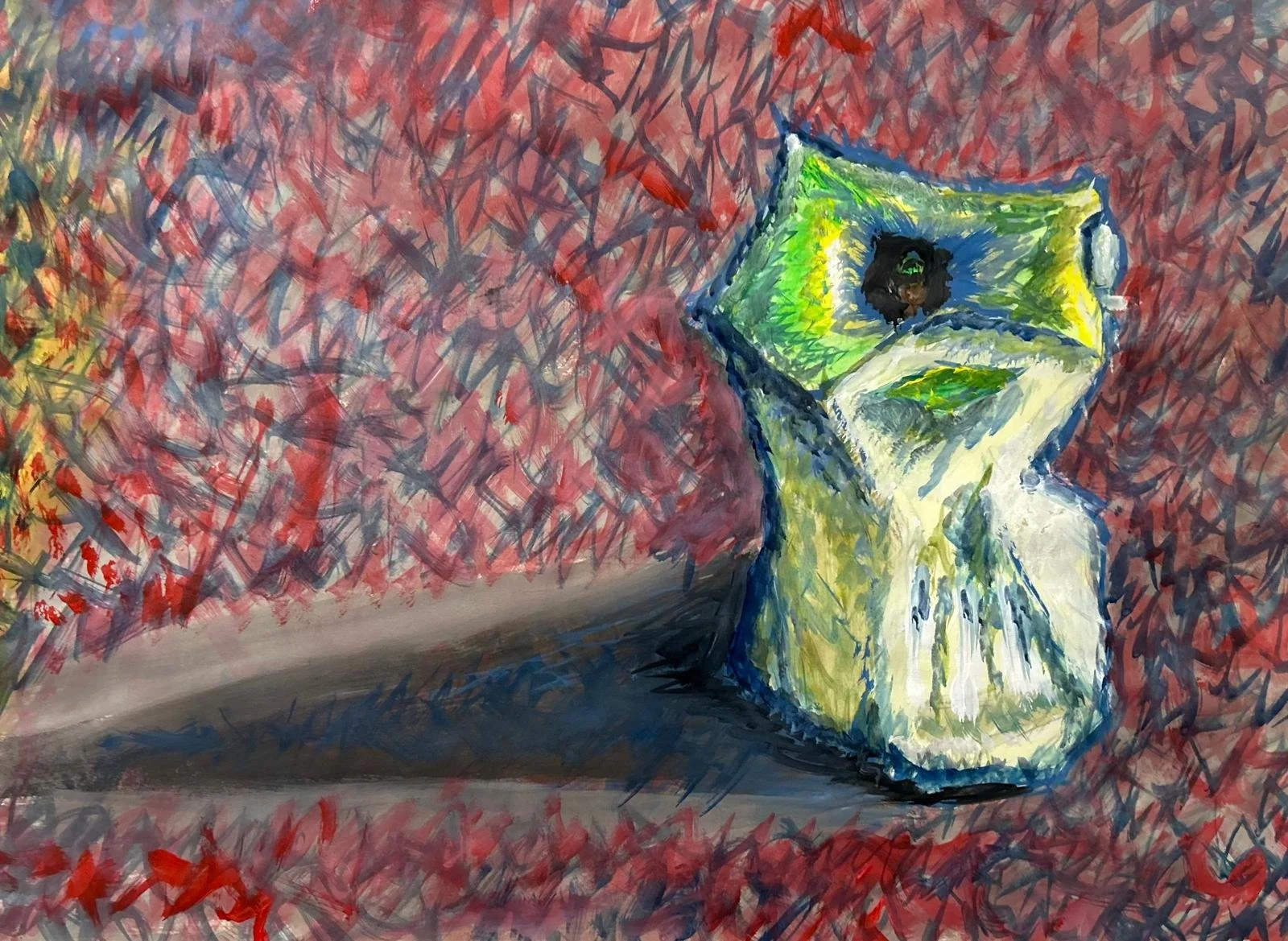 A painted image of a green and yellow shape on a colourful patterned background.