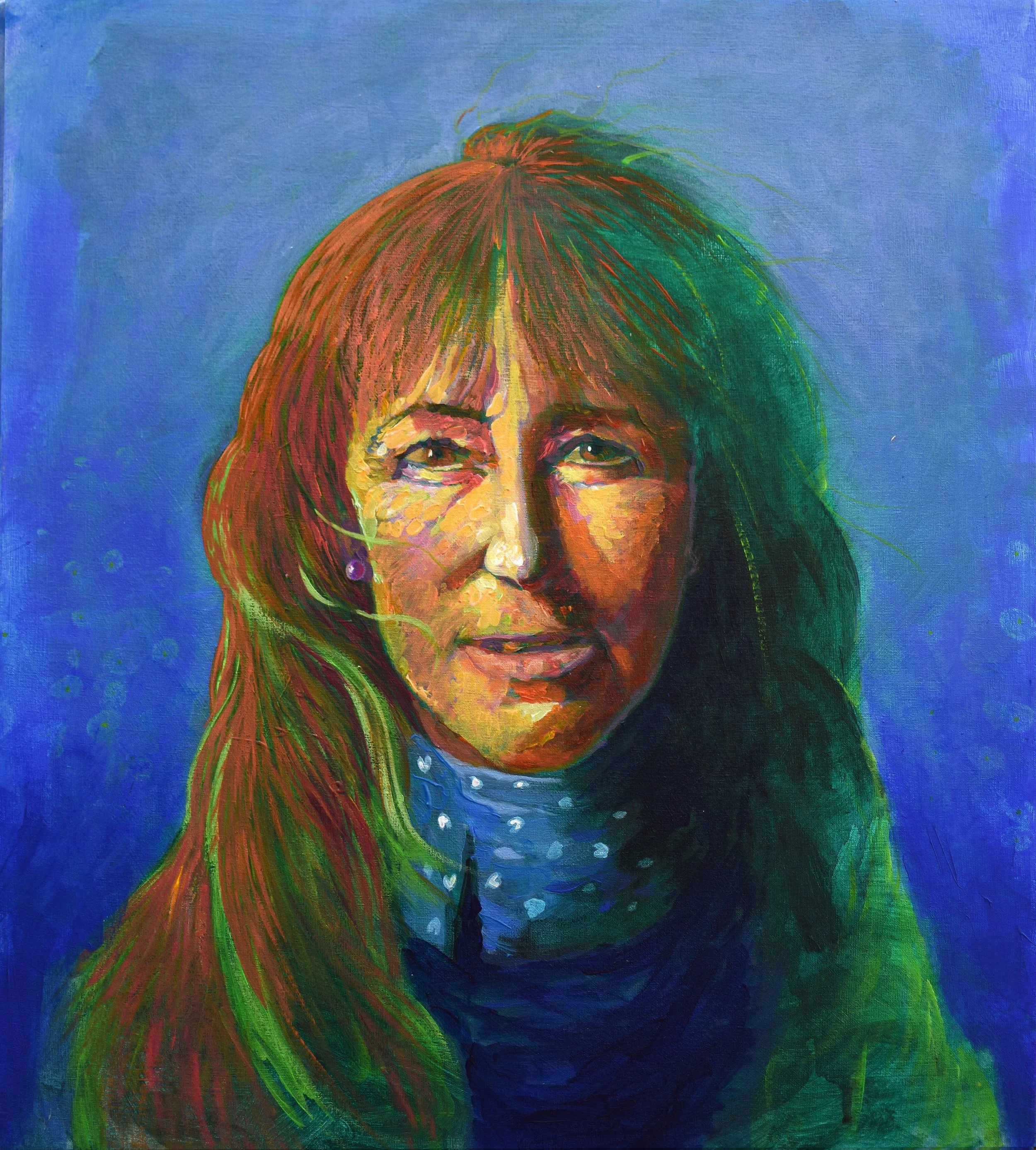 Colourful, freely painted Acrylic portrait of a woman with long hair, wearing a polka dot shirt and scarf, smiling, with a vibrant blue background.