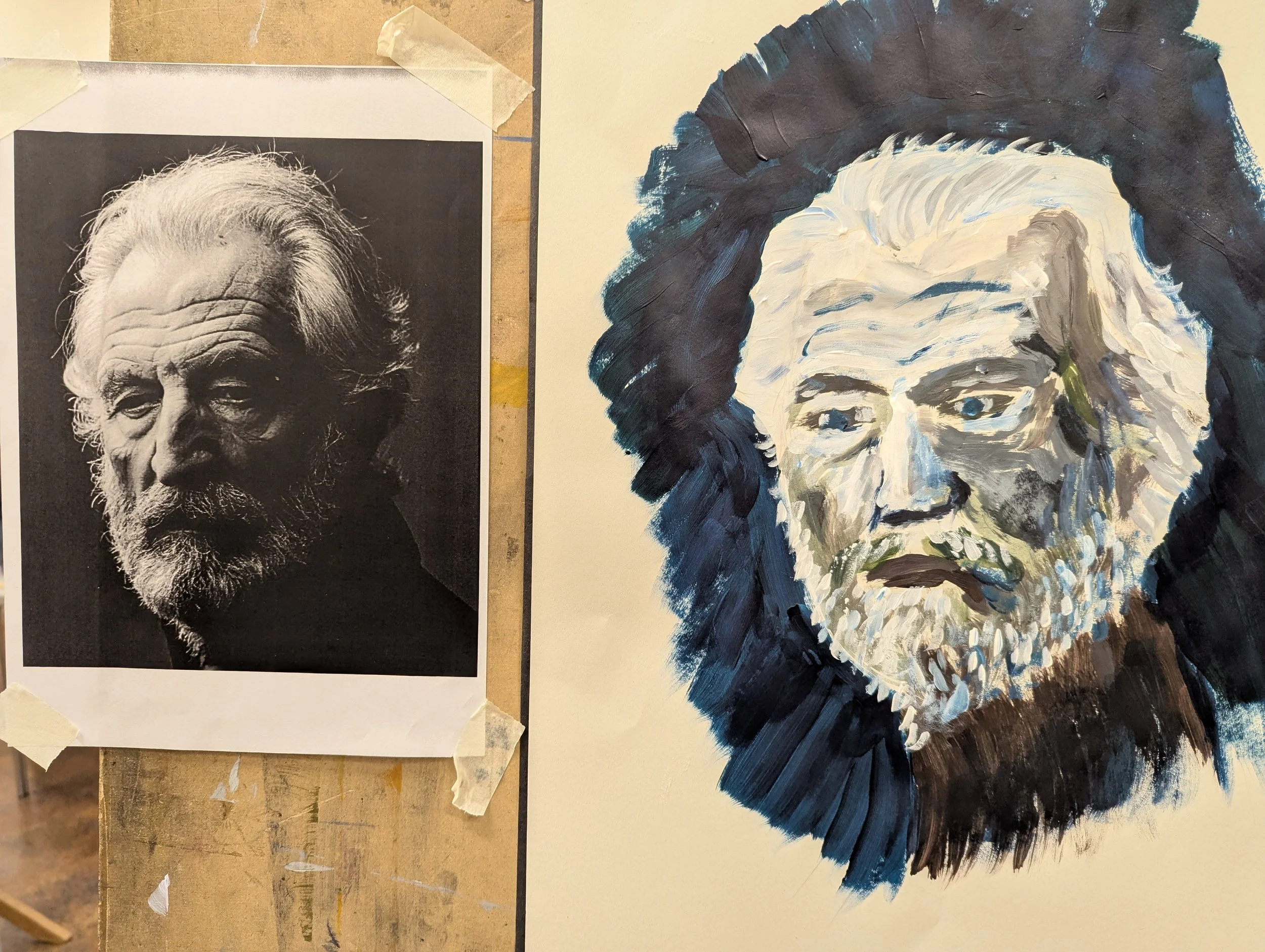 Comparison of a black-and-white photographic portrait of an elderly man with a painted portrait of the same man, featuring expressive brushstrokes and a textured, colorful style.