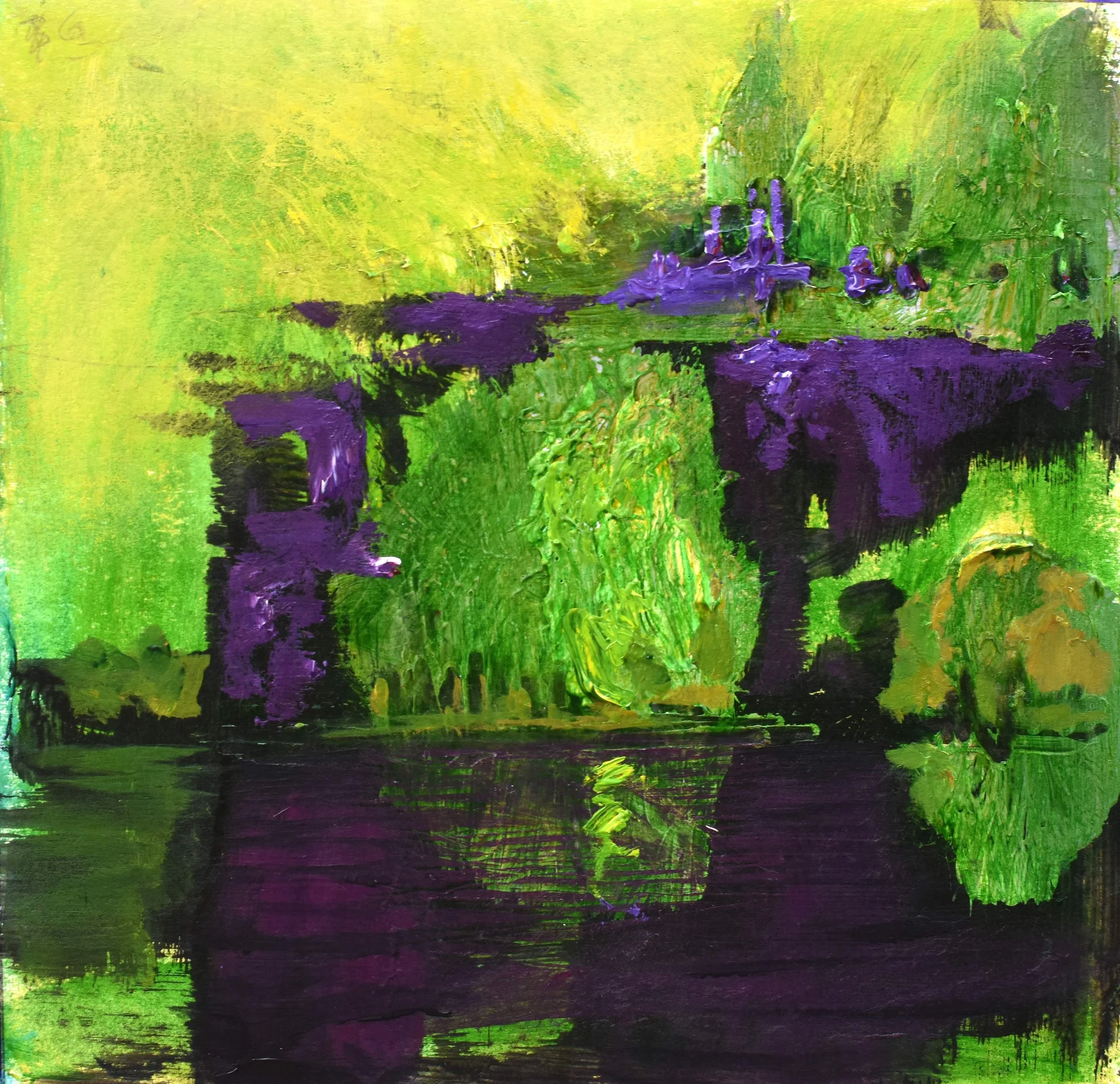 An abstract painting featuring vibrant green, purple, yellow, and black colors with textured brushstrokes.