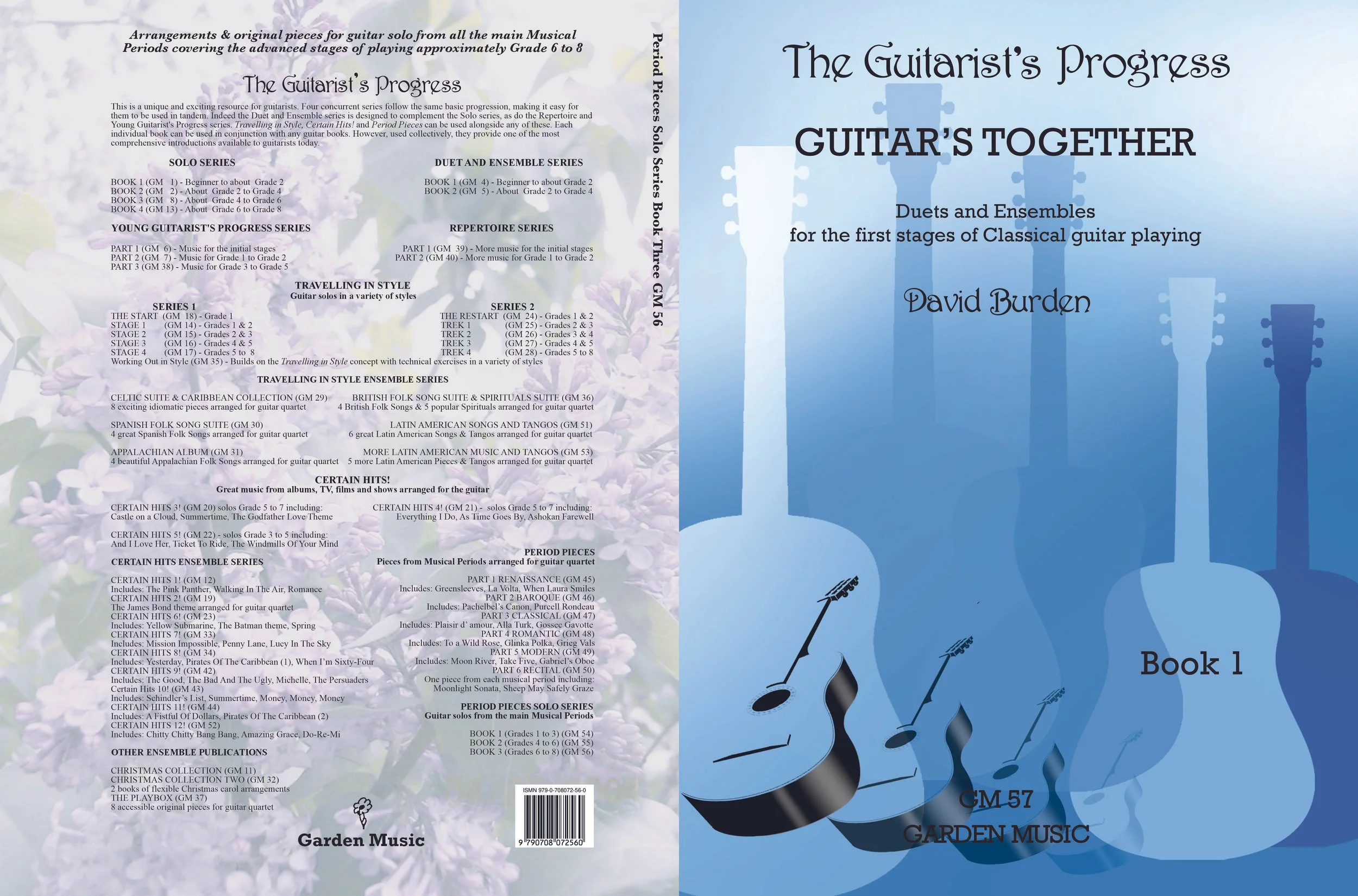 Cover of a music book titled "Guitarist's Progress" by David Burden, featuring illustrations of guitar heads and musical notes on a blue background.