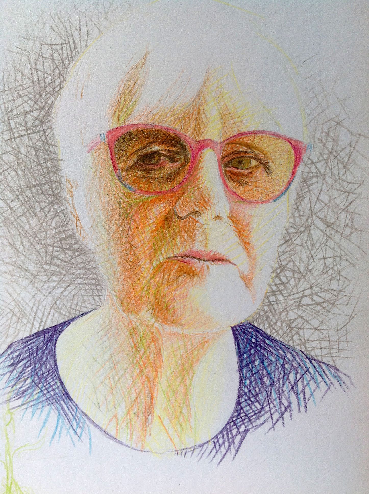 A colorful drawing of an elderly woman with short, light-colored hair wearing pink glasses. The drawing uses cross-hatching and shading techniques, with a textured background and a dark-colored shirt.