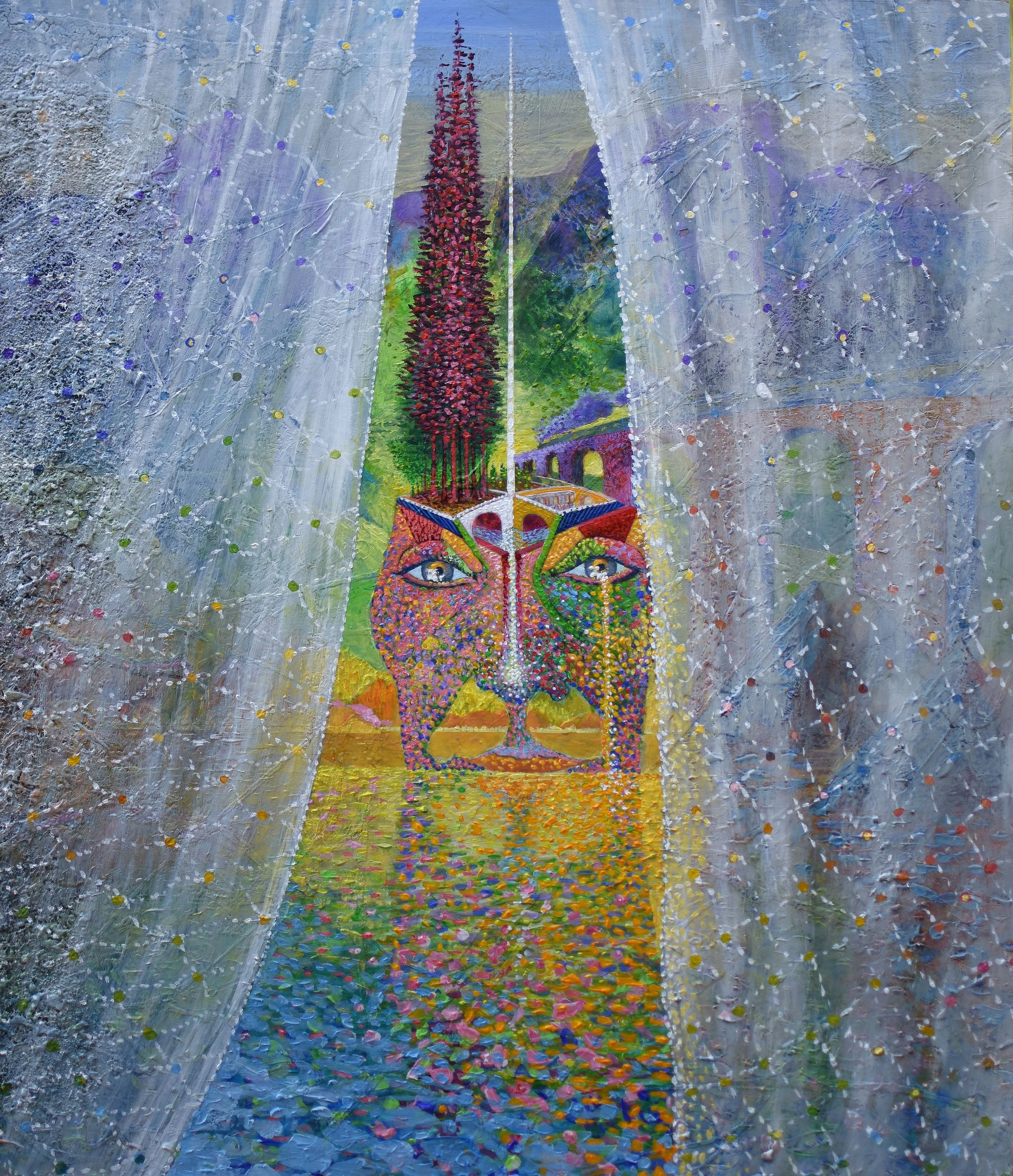Colourful, semi abstract painting depicting parted translucent white curtains flanking a view of a vibrant landscape, featuring a face with expressive eyes and a sublime expression, surrounded by multicoloured patterns and textured brushstrokes.