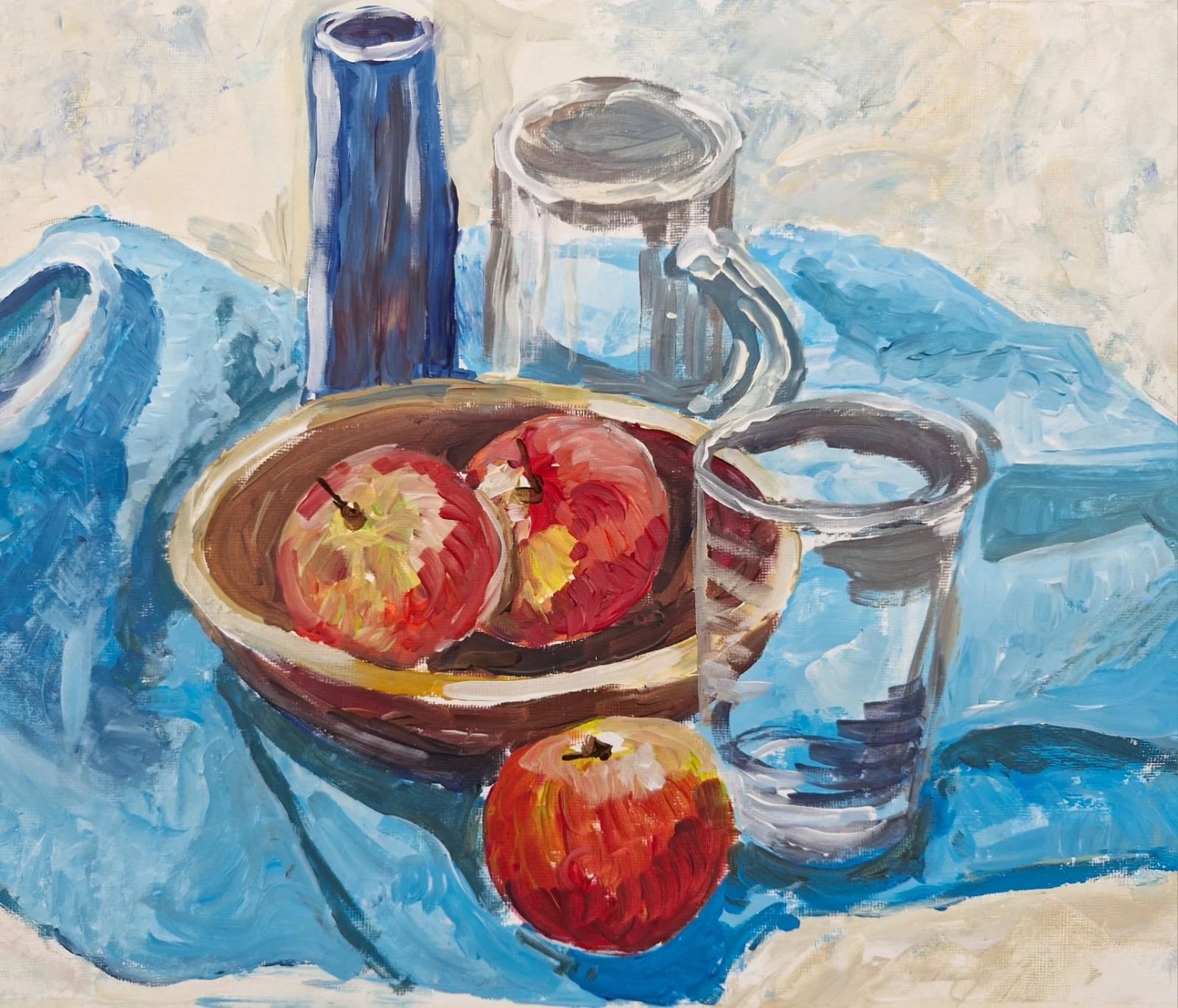A still life painting of a bowl with apples, a glass of water, a blue water bottle, and a glass mug on a blue cloth.
