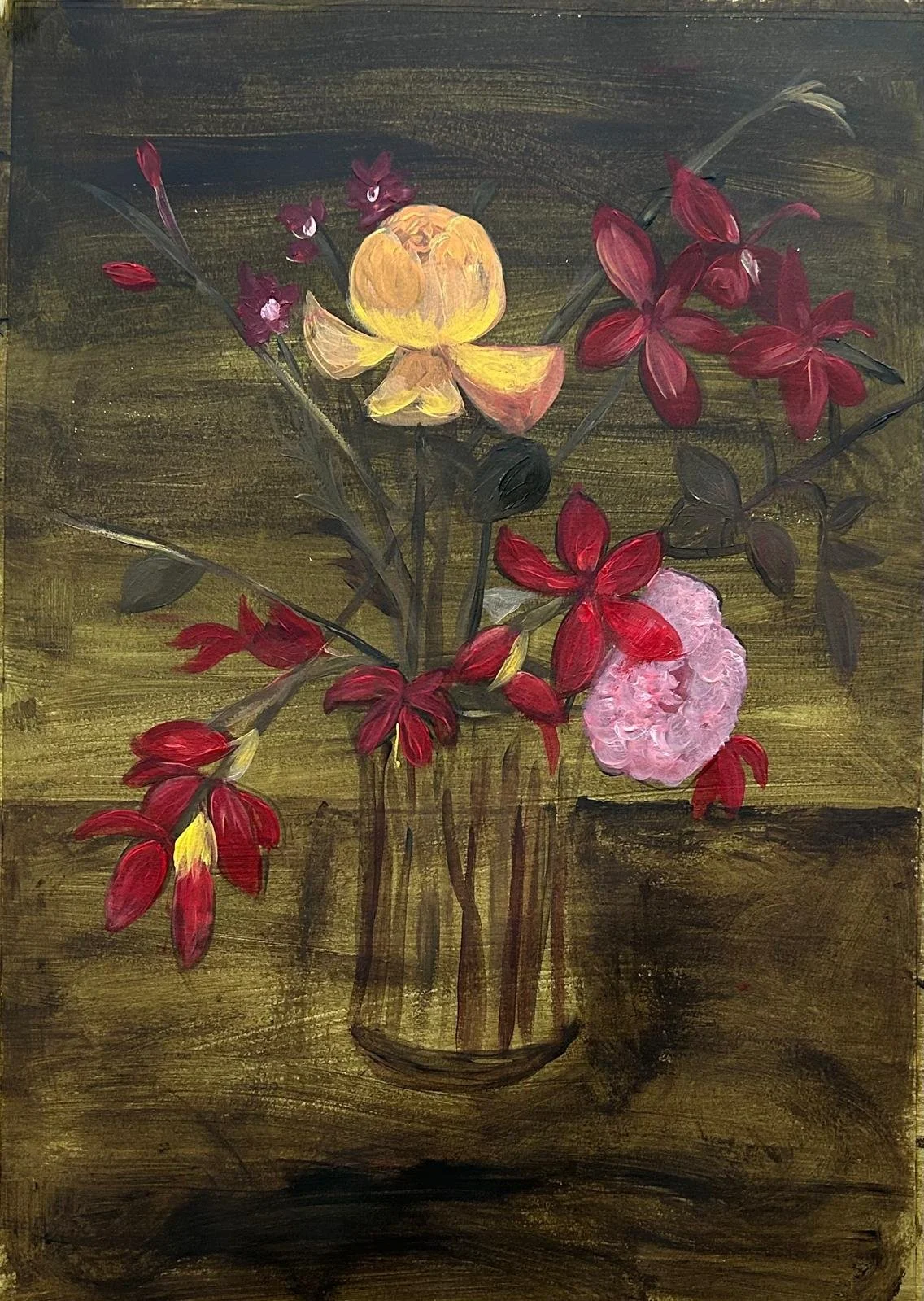 A painted still life of a floral arrangement in a glass jar, featuring pink, red, and yellow flowers with dark green leaves, set against a dark background.