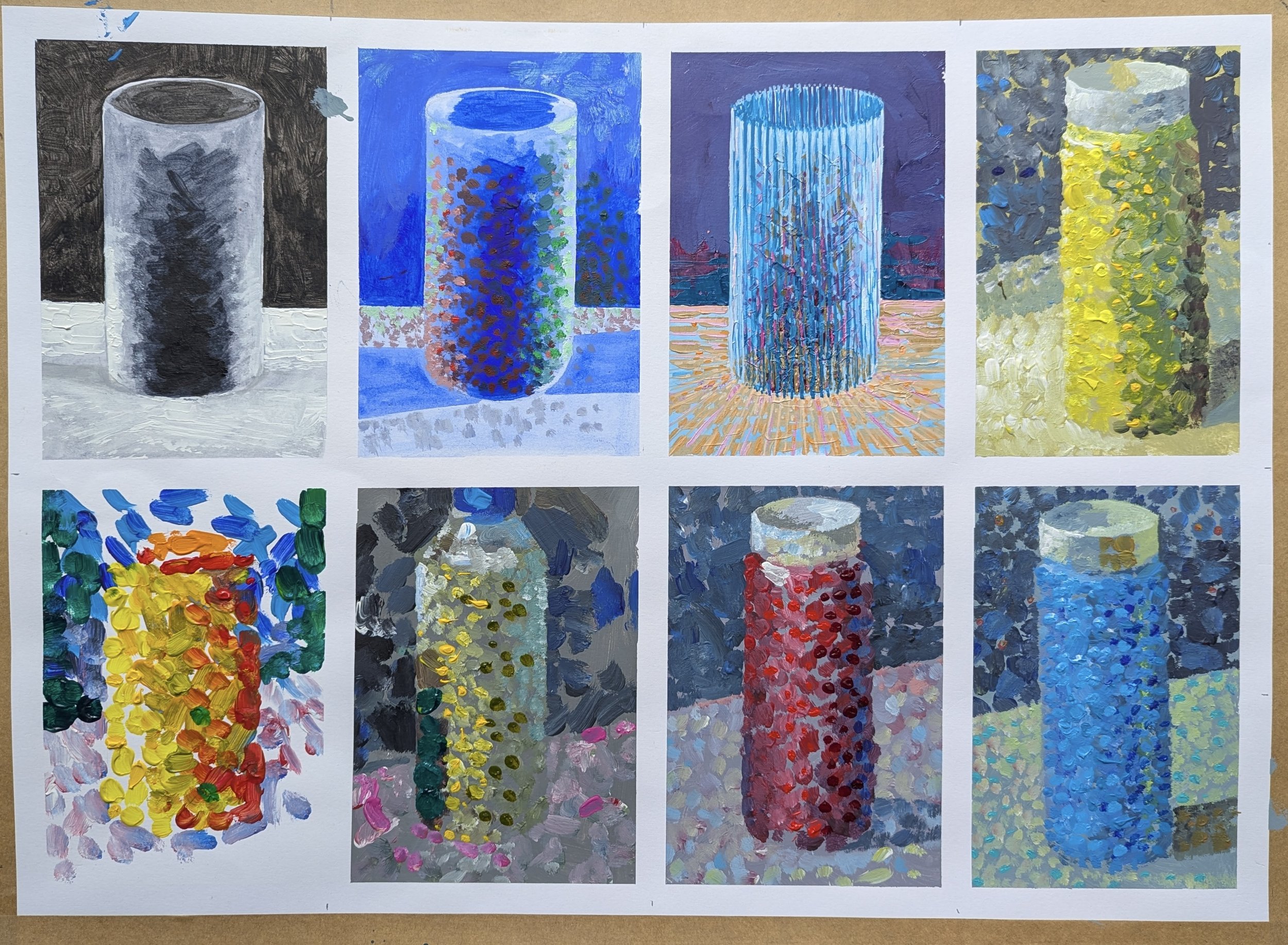 Exploring colour combos on cylendar shapes