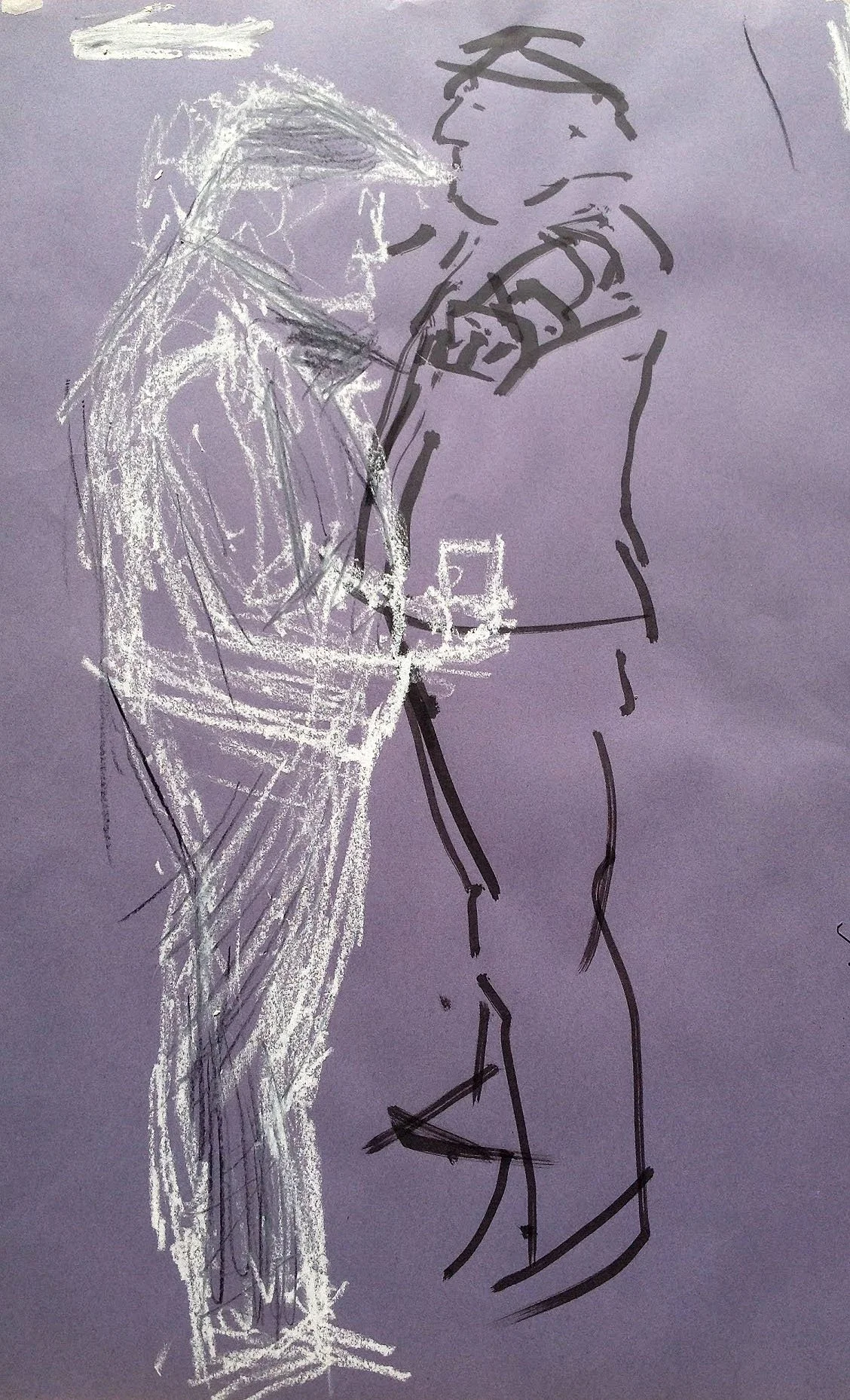Drawing of two people, one in white chalk and one in black marker, appearing to be engaged in a conversation, one is holding a cup.
