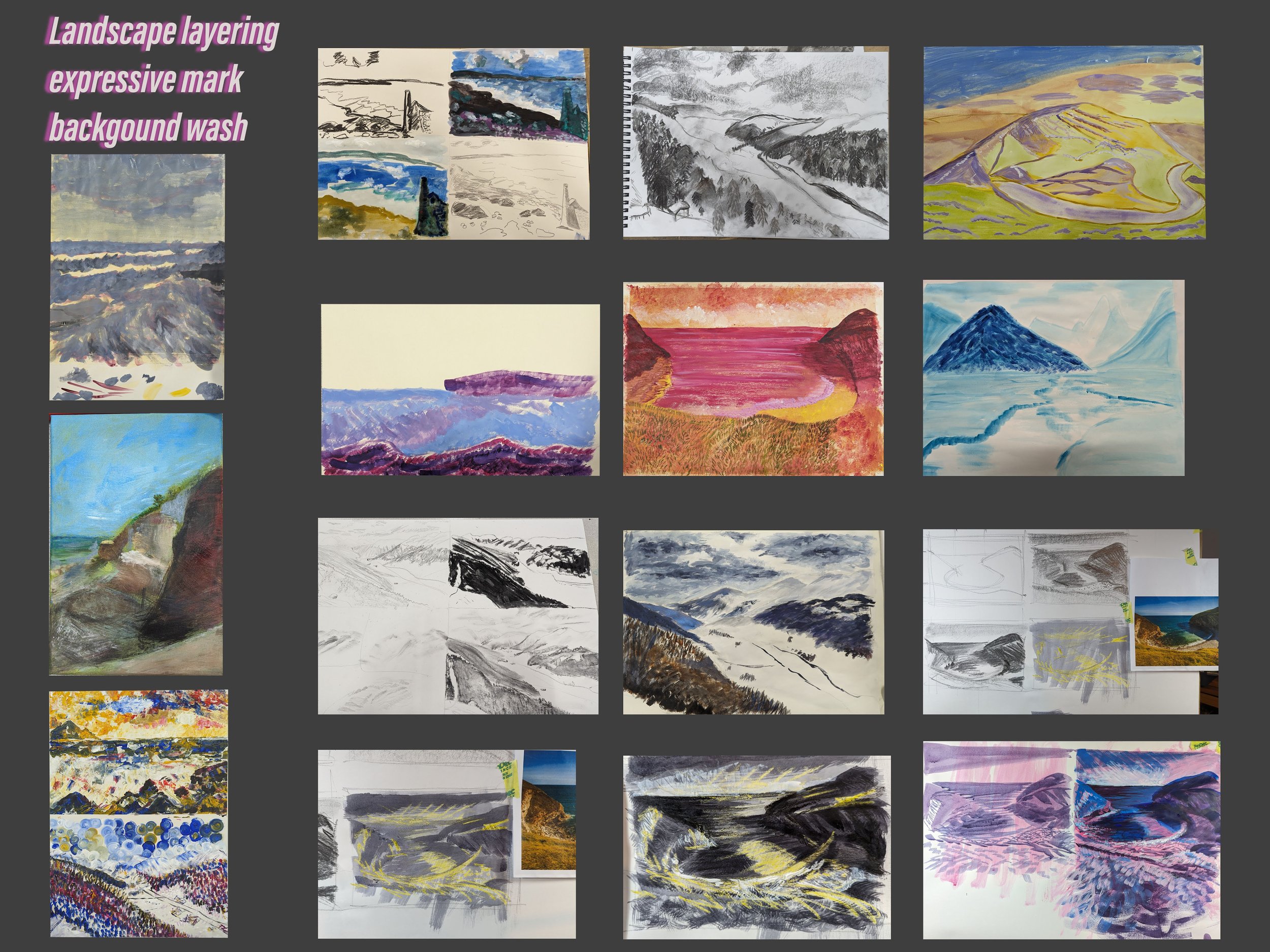 A collage of landscape paintings showing layered backgrounds, using various artistic styles and color palettes.