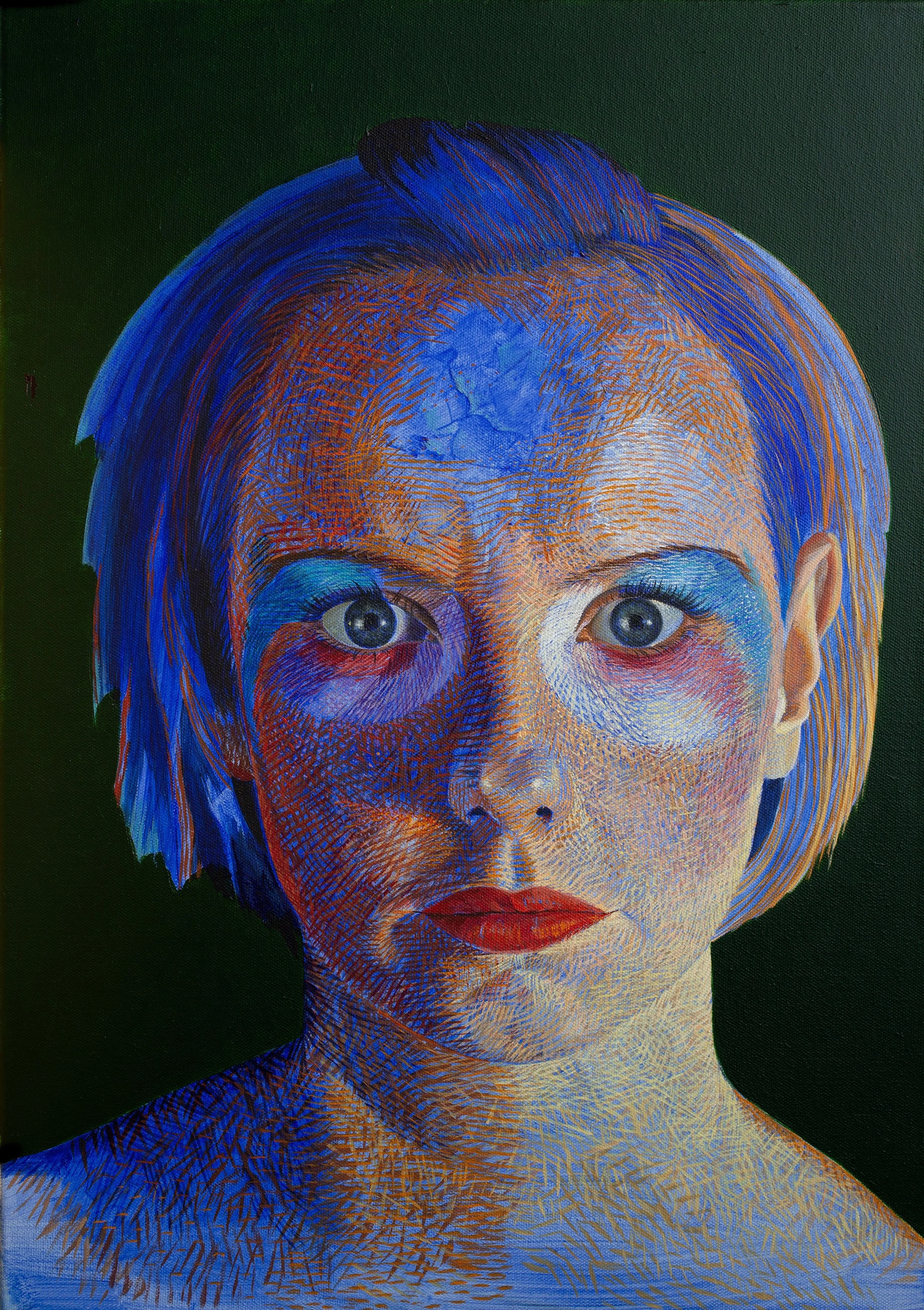 A stylized portrait painting of a Hazel with short blue hair and bright makeup, set against a dark green background. She engages us with a piercing look