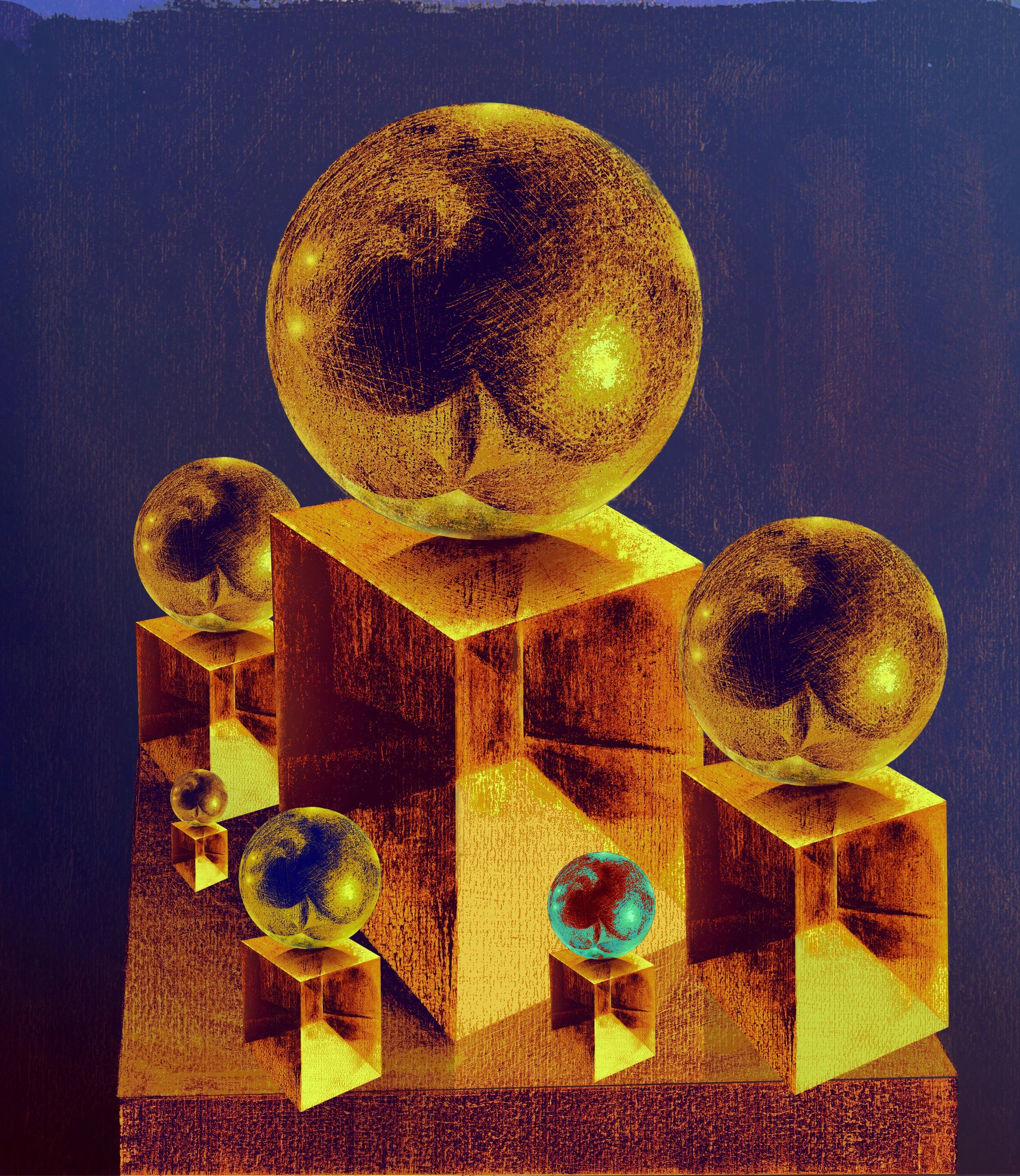 Abstract digital image featuring large and small glowing spheres on golden cubes.