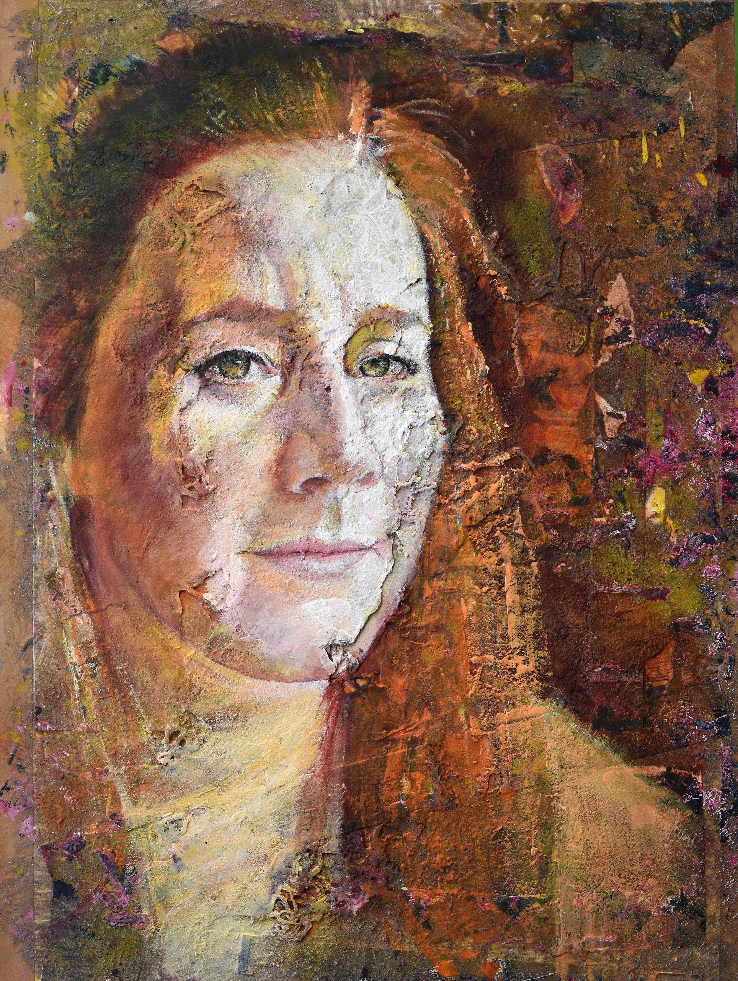 A mixed media textured portrait of a woman with reddish-brown hair and a serene expression, featuring an abstract background with earthy tones.