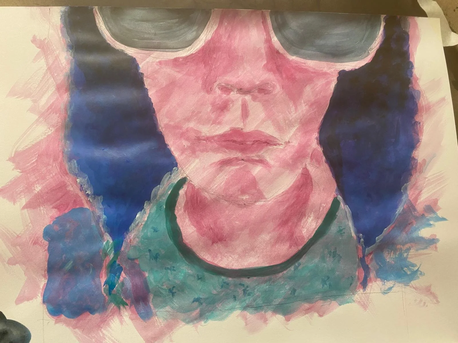 A watercolor painting of a person wearing sunglasses with dark lenses, looking directly at the viewer. The person has blue hair, light skin, and is wearing a shirt with a collar.