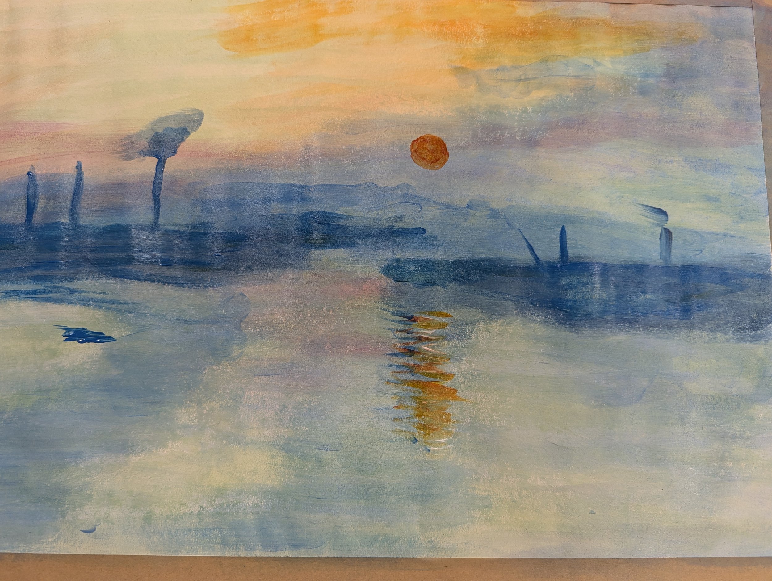 An abstract watercolor painting of a landscape with a setting or rising sun reflecting on water, with blue, orange, and yellow hues and wispy clouds.