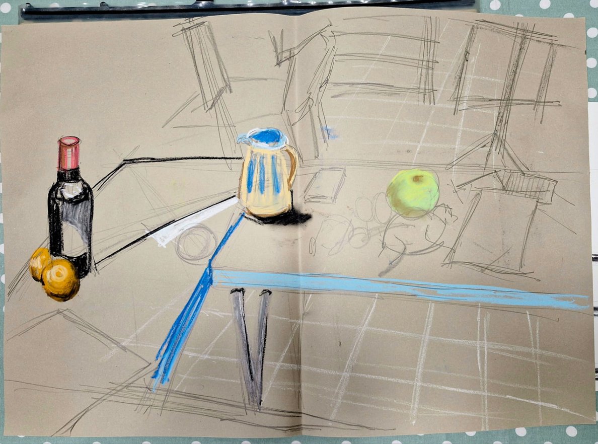 A sketch of a kitchen counter with a partially drawn wine bottle, an onion, a green apple, a pitcher, and other objects. The perspective shows the counter with a tiled floor in the background.