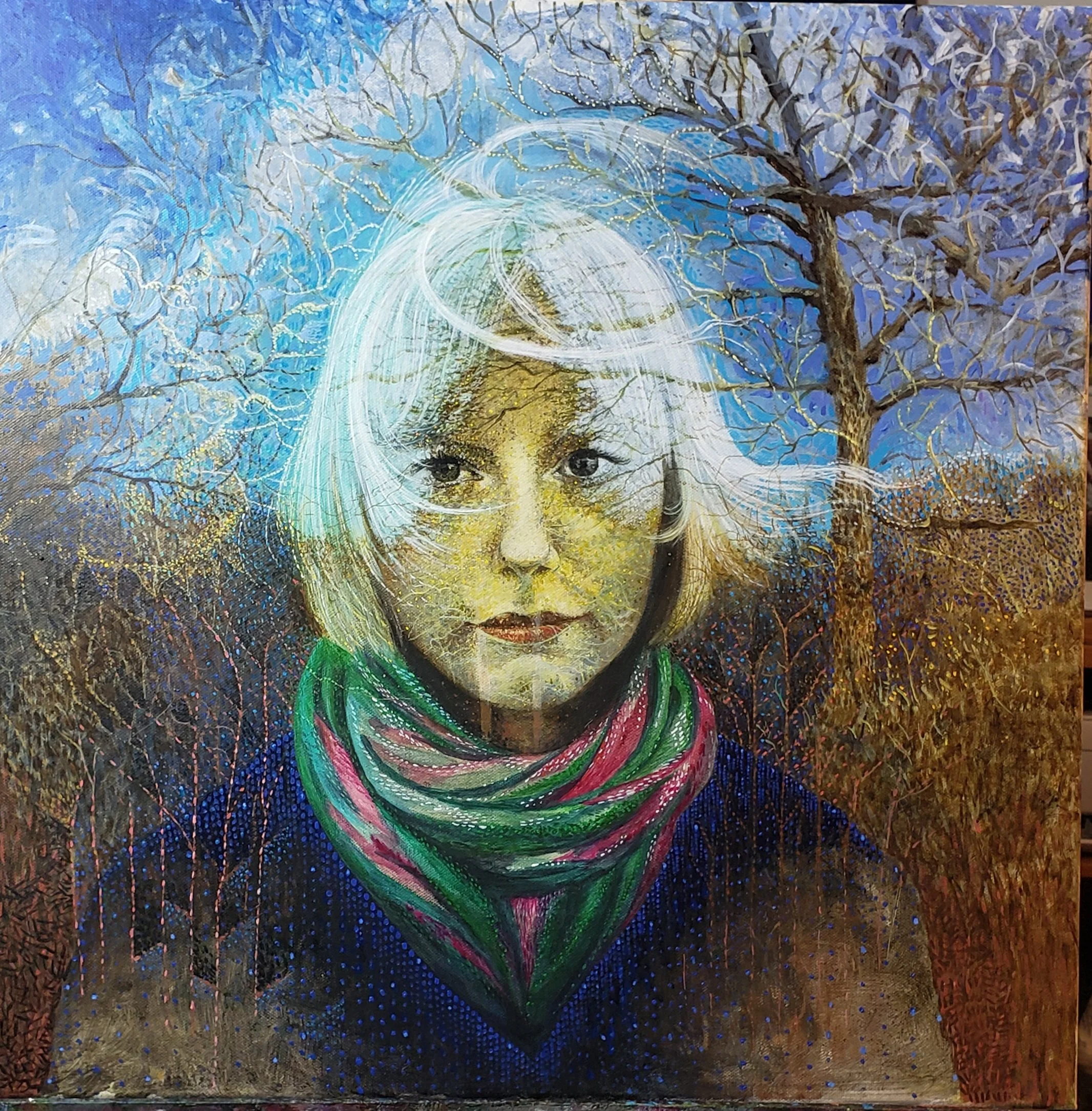 A colourful painting of Hazel with exaggeratedly blonde hair and a green/pink scarf, superimposed onto a background of a slightly uncanny landscape with a blue sky and abstract swirling patterns.