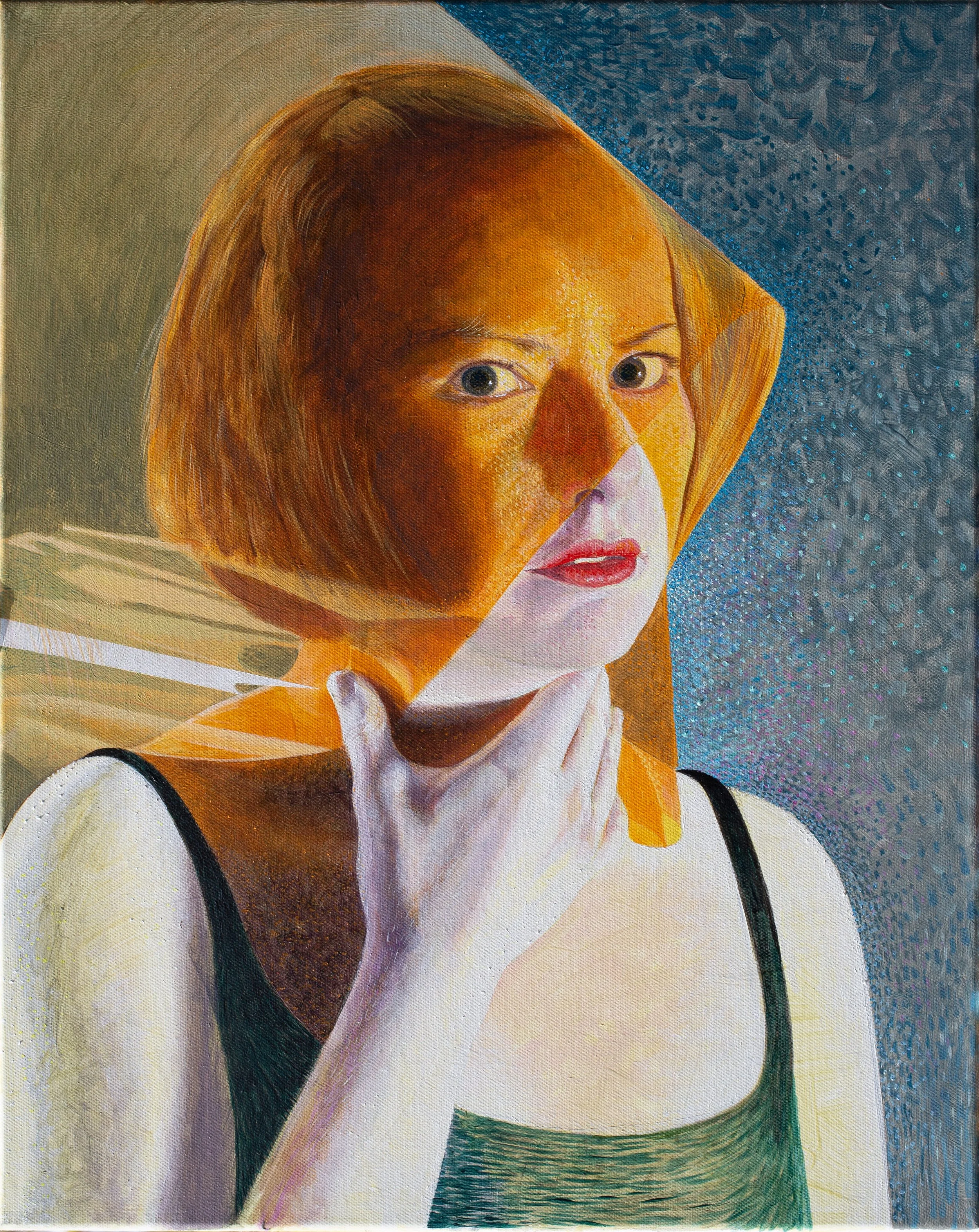Harmoniously coloured painting of a Hazel  wearing a black and green top, with her hand on her chin also holding orange tinted acetate. She engages us directly