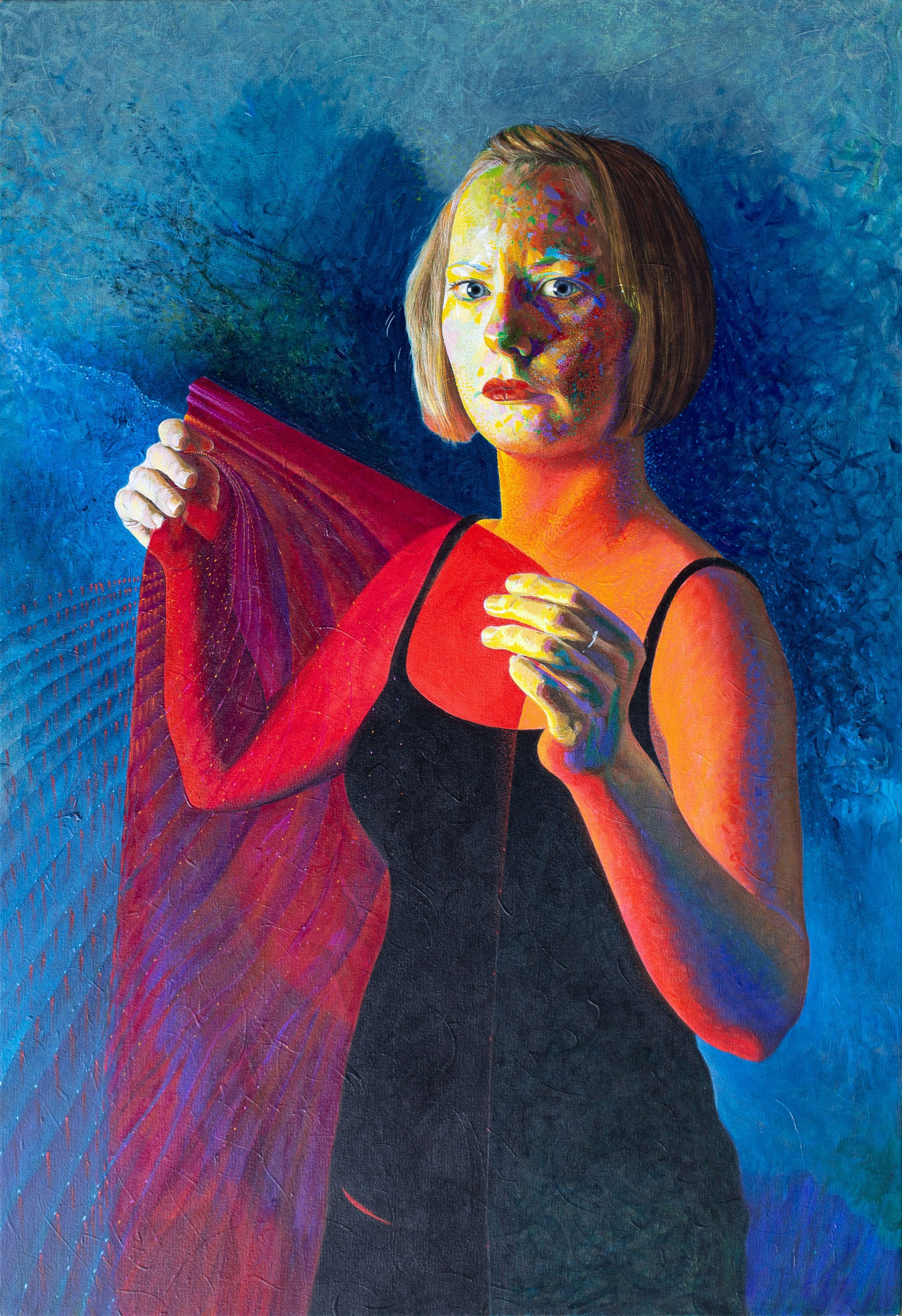 Portrait of a Hazel with short blonde hair, holding a sheet of red acetate. The portrait has a vibrant, textured background in shades of blue and green, rendered with expressive brushstrokes. The light projecting through the tinted acetate casts a be