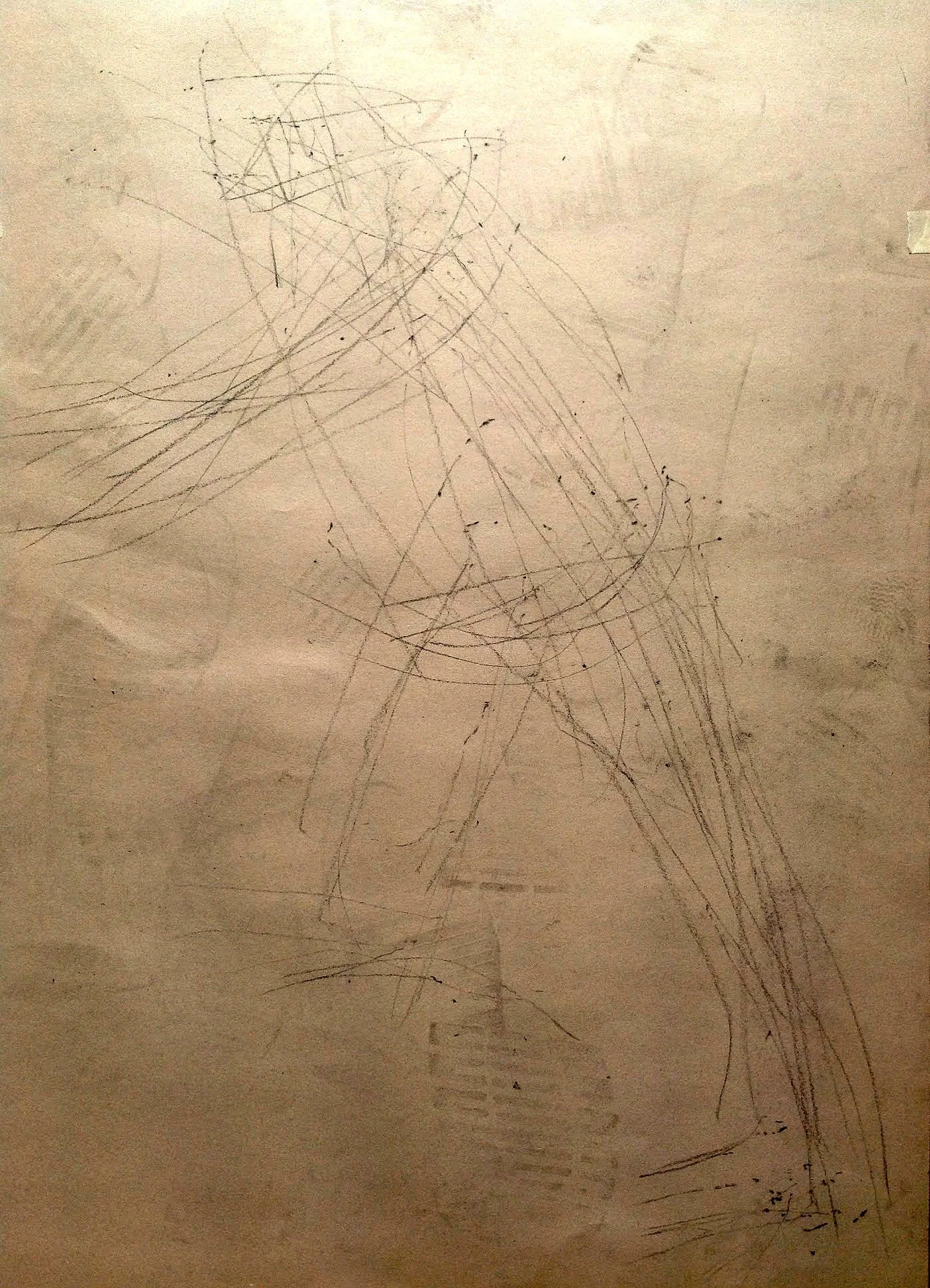 Very loose drawing of figure, using a pencil on a sheet of wrapping paper 