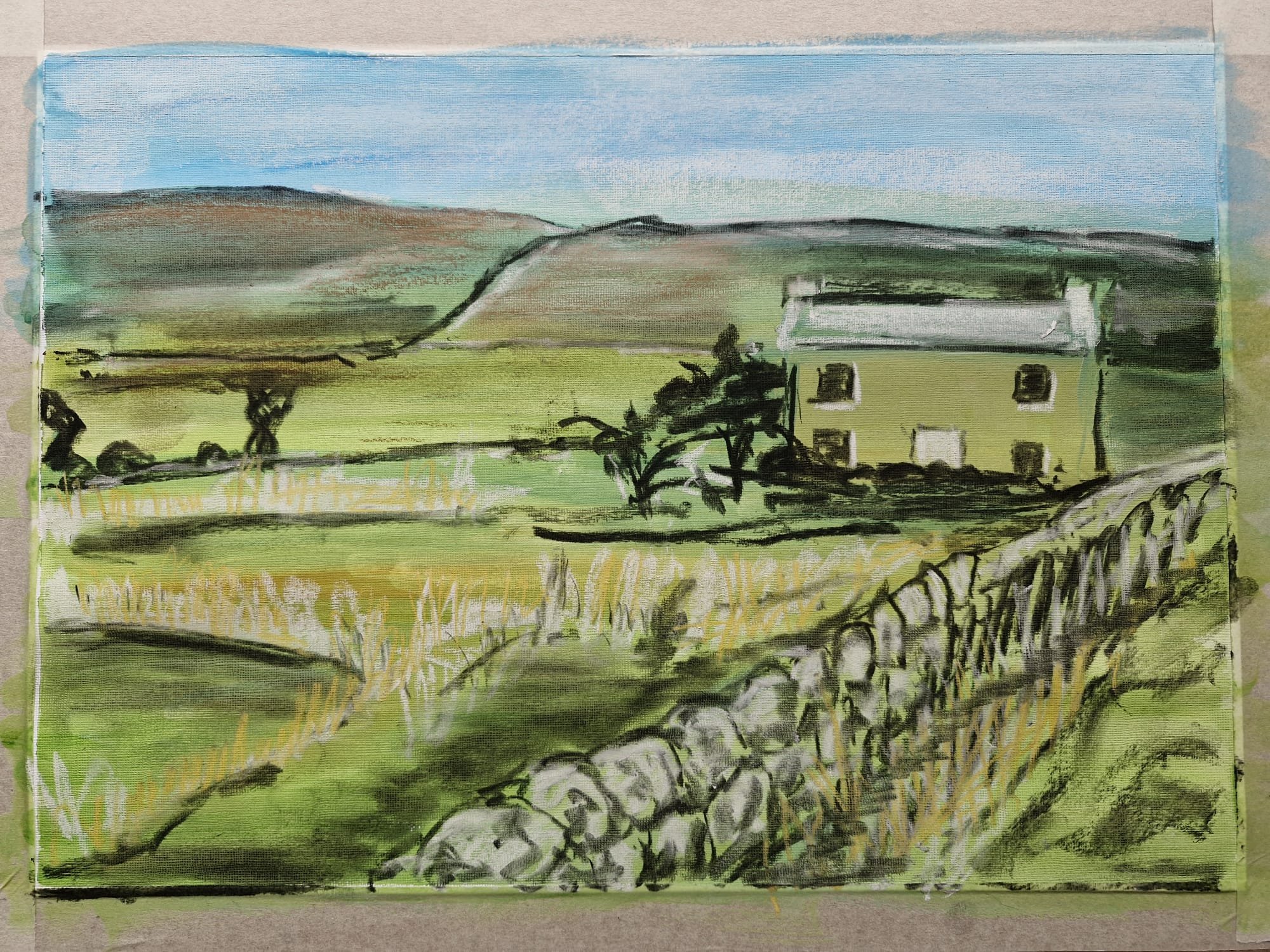 Painting of a countryside landscape with a field, trees, a stone fence, and a two-story house, with hills and a blue sky in the background.