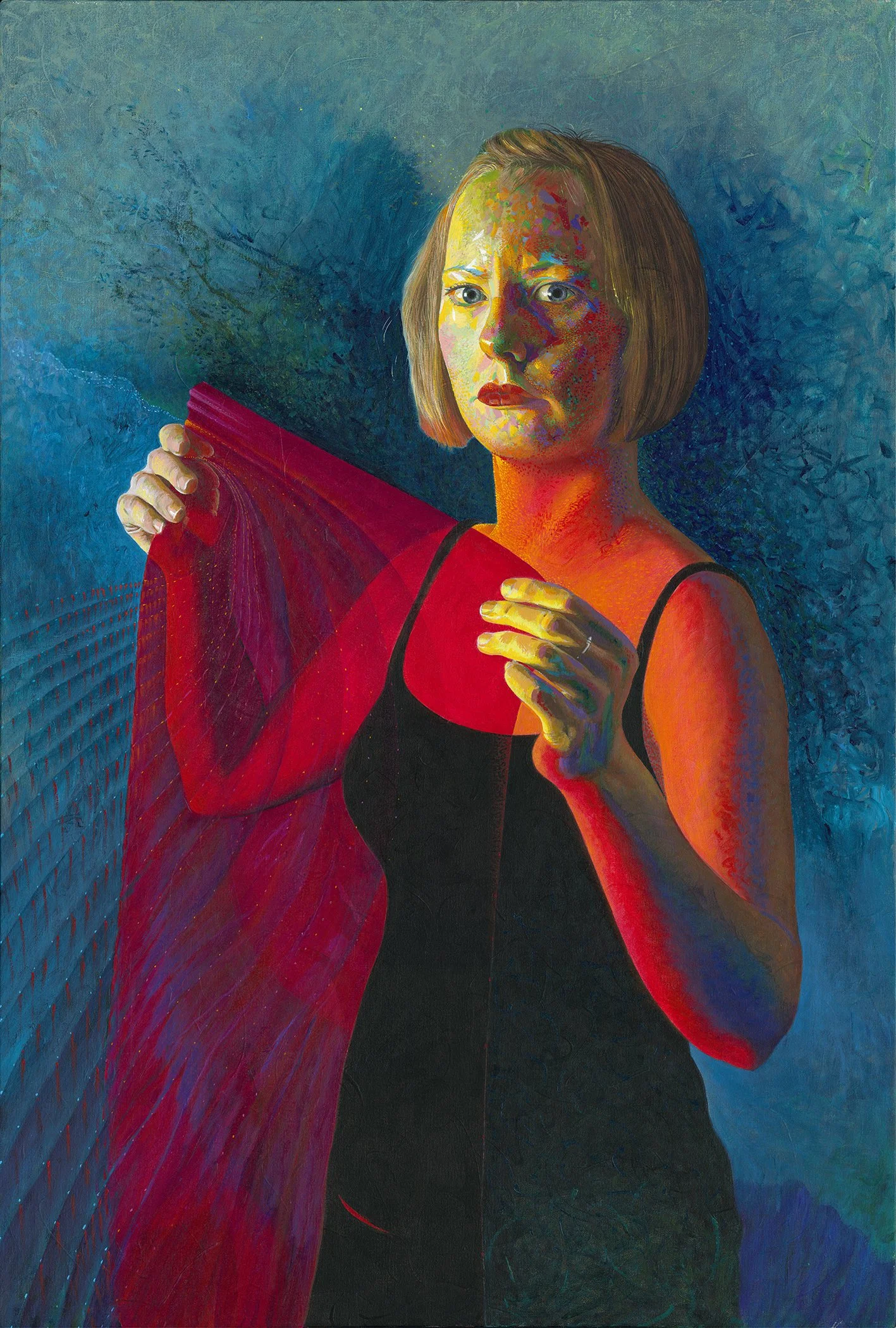 Color and Light: The use of highly saturated, contrasting colors—vibrant blues in the background and intense reds/oranges on the subject's skin and the fabric—creates a dramatic and almost surreal effect. This strong contrast, particularly the cool b