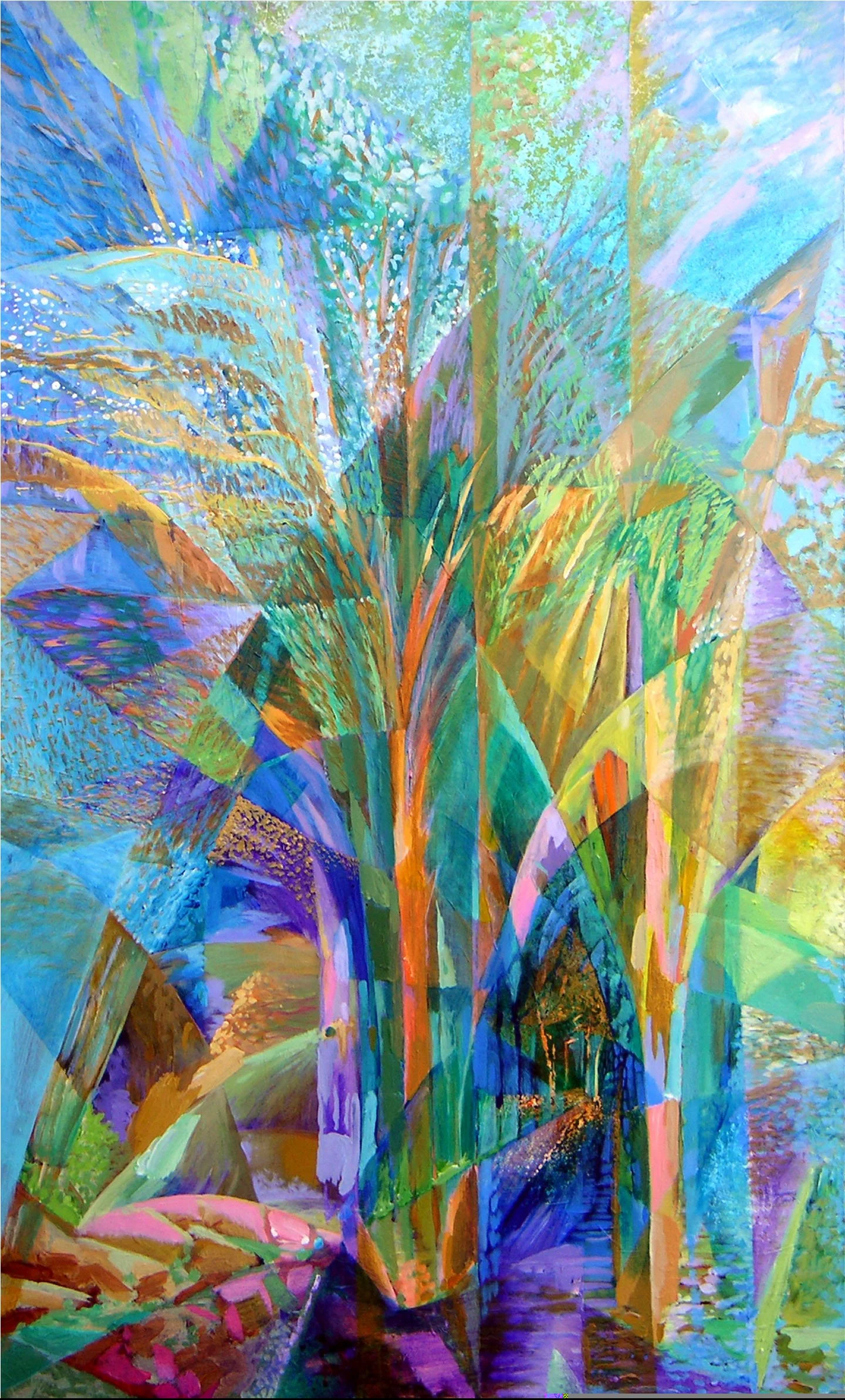 Abstract painting of a tree with multiple colors including blue, green, purple, and orange, featuring overlapping geometric shapes and textured brushstrokes.