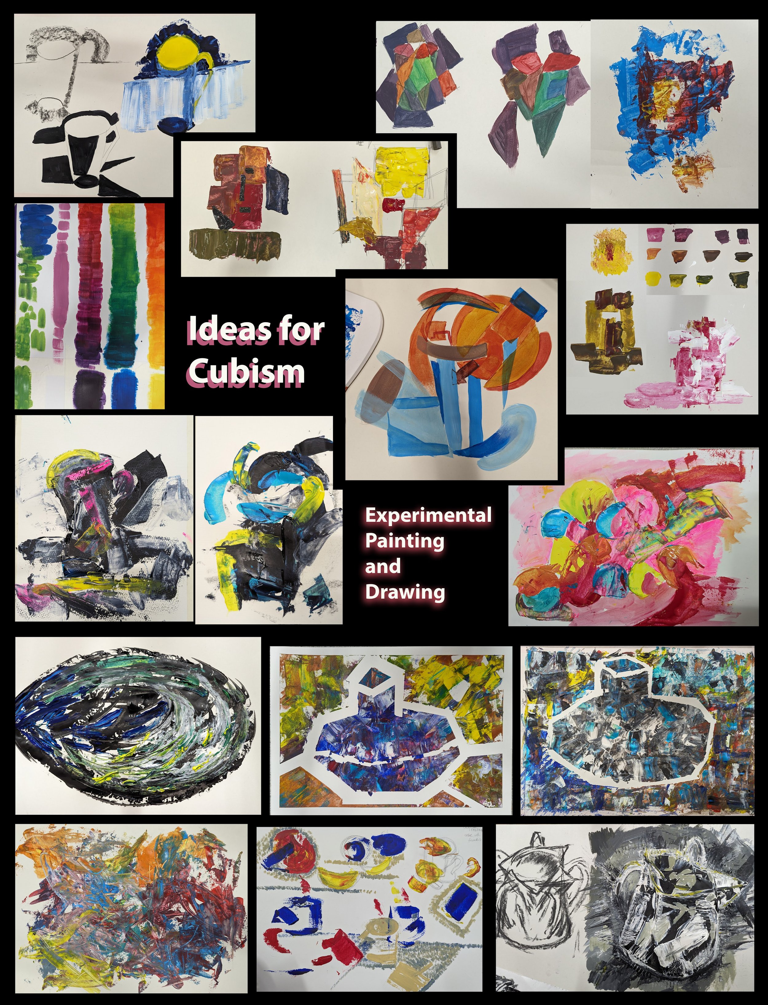 Collage of various abstract paintings and drawings with the text 'Ideas for Cubism' and 'Experimental Painting and Drawing'.