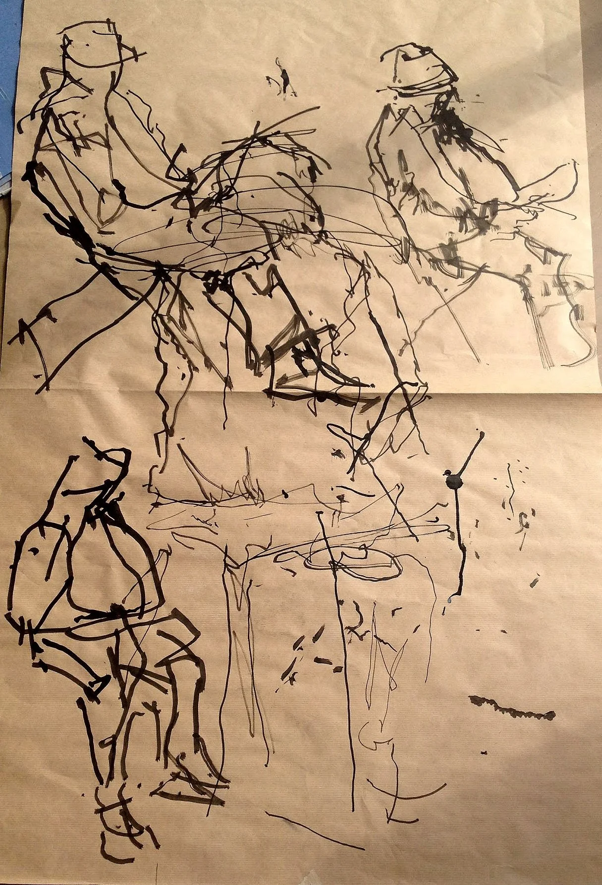 Quick sketch of figures sitting/talking, drawn with loose, abstract black lines on beige paper.