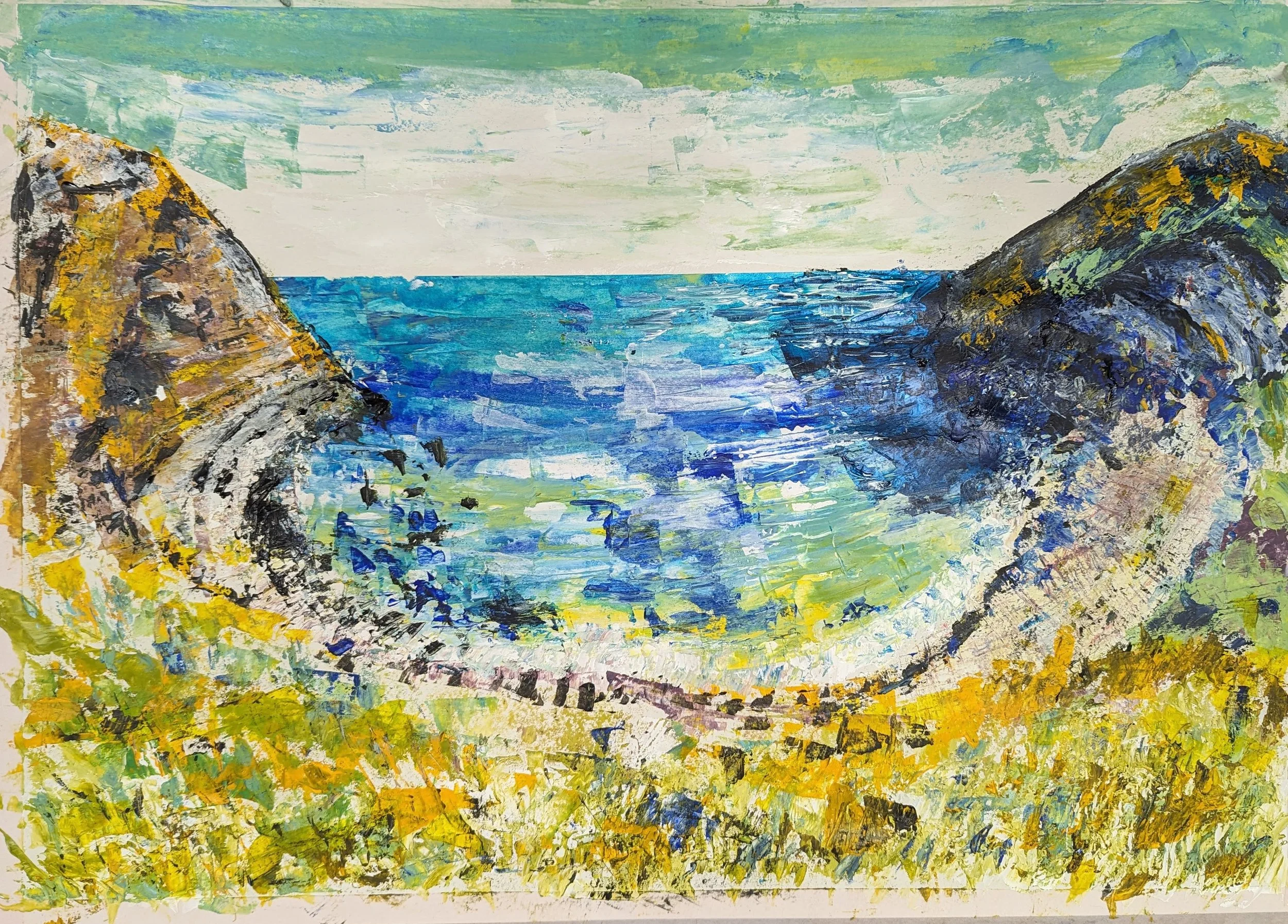 An impressionistic painting of a coastal scene with two large rocky cliffs on either side, a blue ocean in the middle, and a partly cloudy sky above.”}}# Answer 1 / 1The image is an impressionistic painting of a coastal scene featuring two large rock