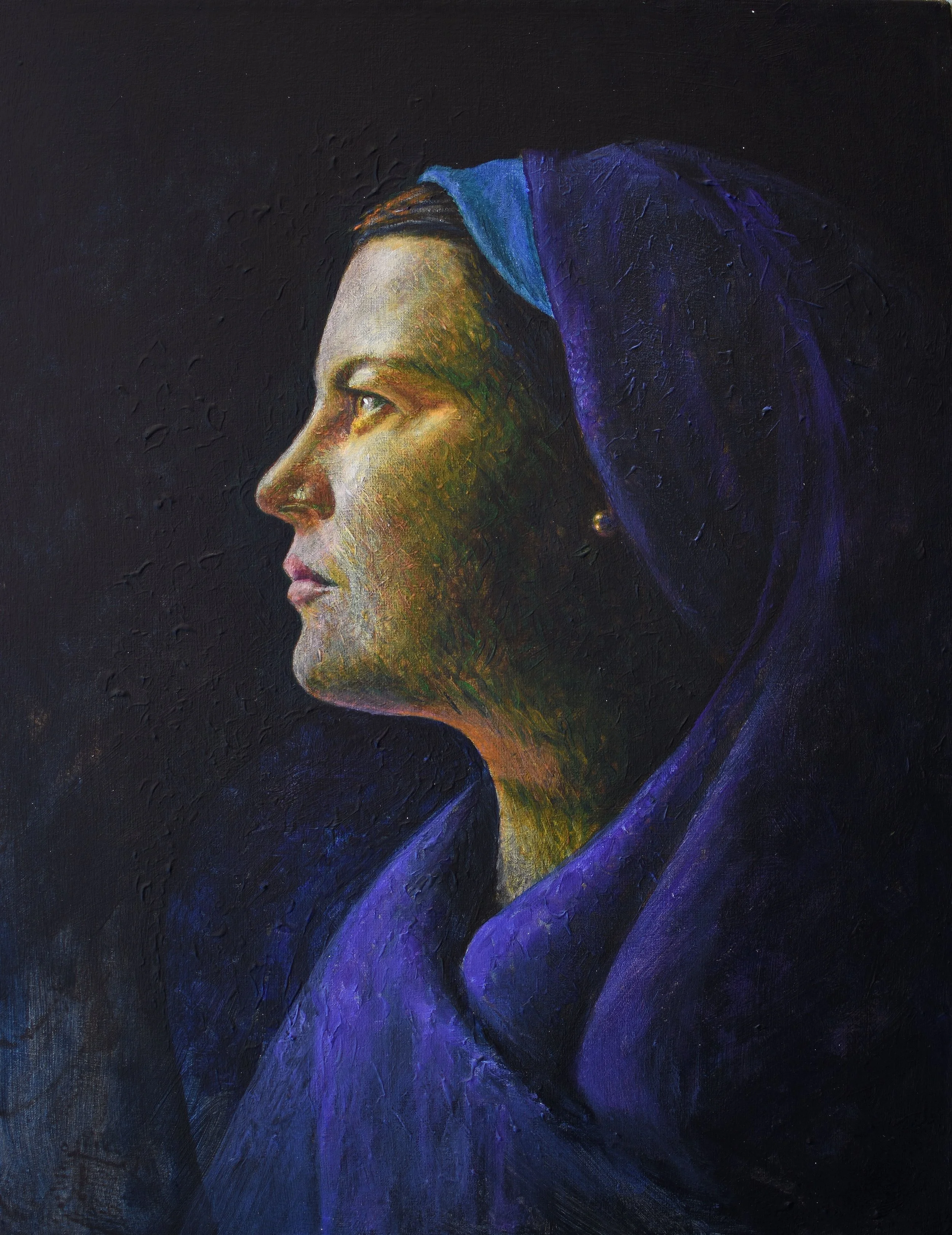 A enigmatic painting of a thoughtful woman in profile with a blue headscarf, dark background, detailed brushstrokes, and rich colors.