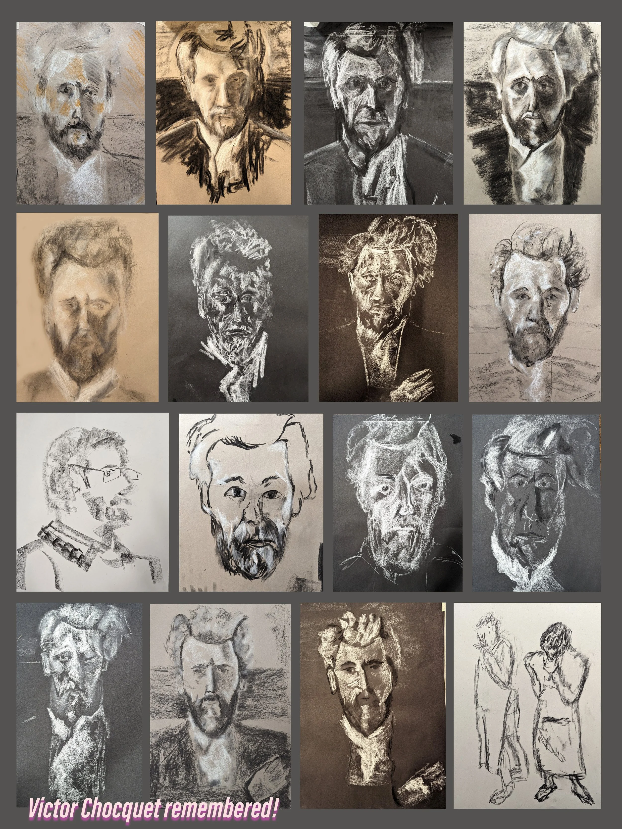 A collage of various portrait sketches of men, some realistic and some abstract, with different styles and tones. There is also a simple line drawing of two women at the bottom right corner. The caption reads 'Victor Chocquet remembered!'