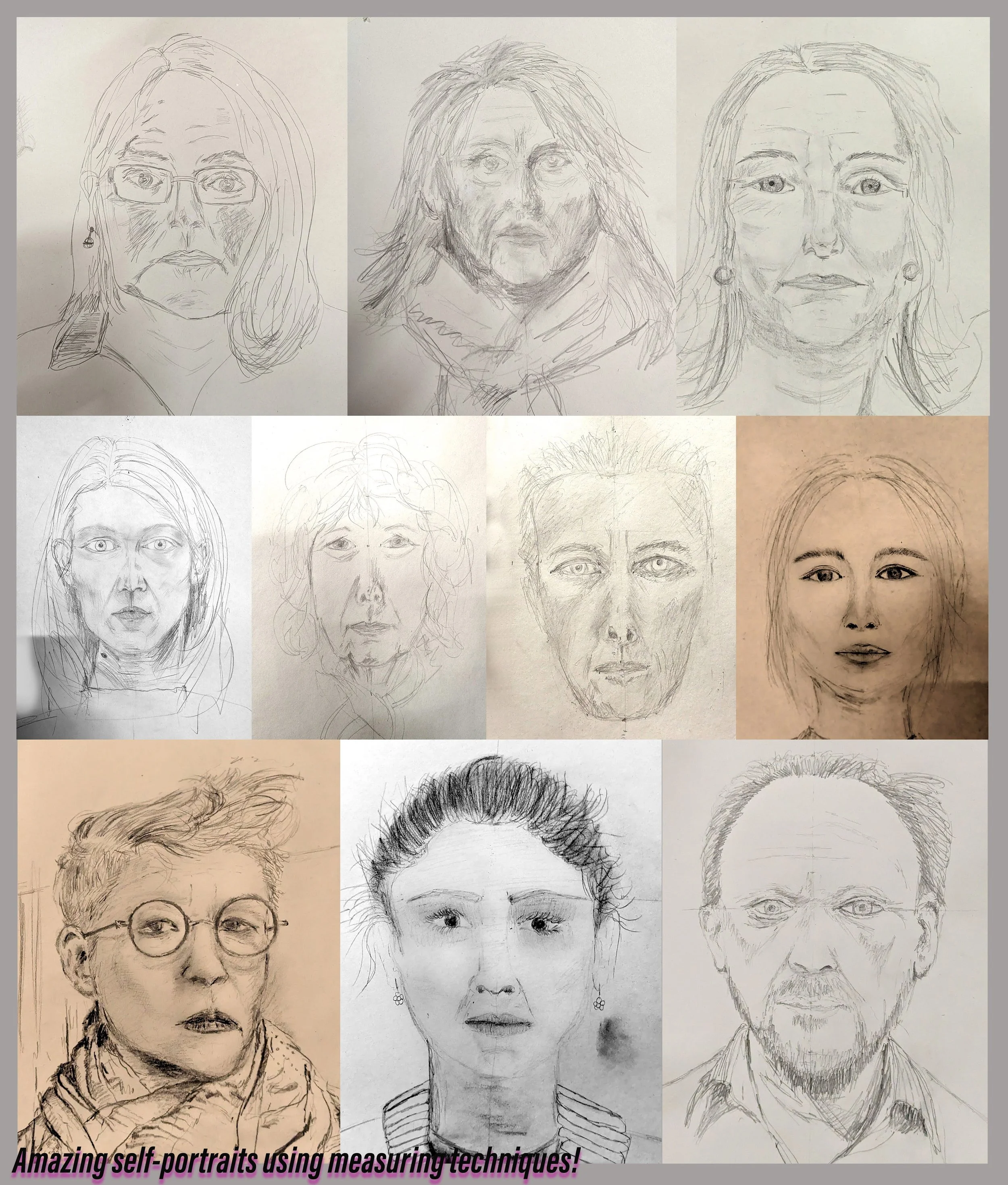 Collection of ten self-portrait sketches of different people, showing various ages and genders, created using measuring techniques, with some sketches shaded or detailed, and one with color background. Caption at bottom reads 'Amazing self-portraits 