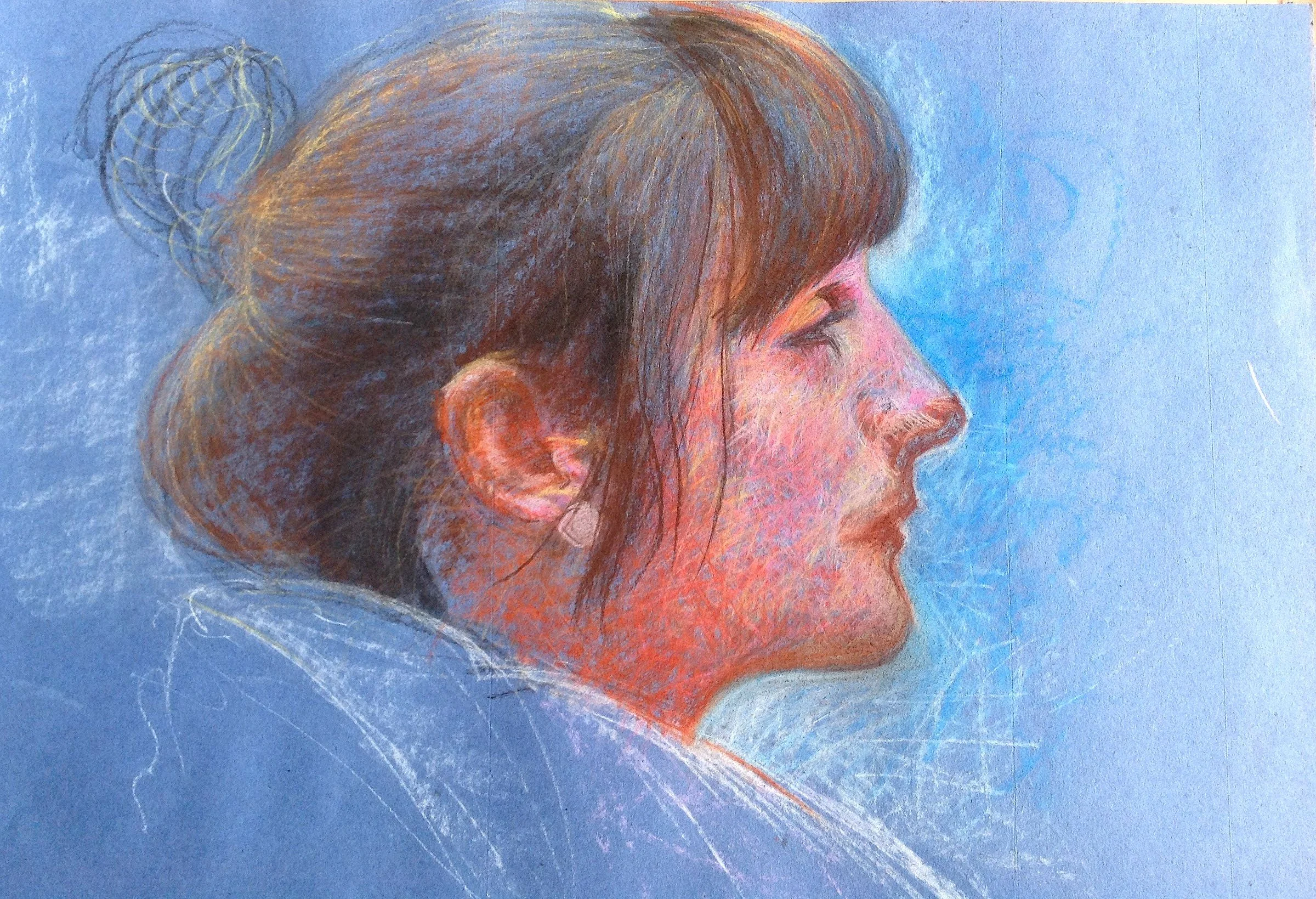 A coloured pastel drawing of a woman in profile with a blue background, her brown hair tied in a bun