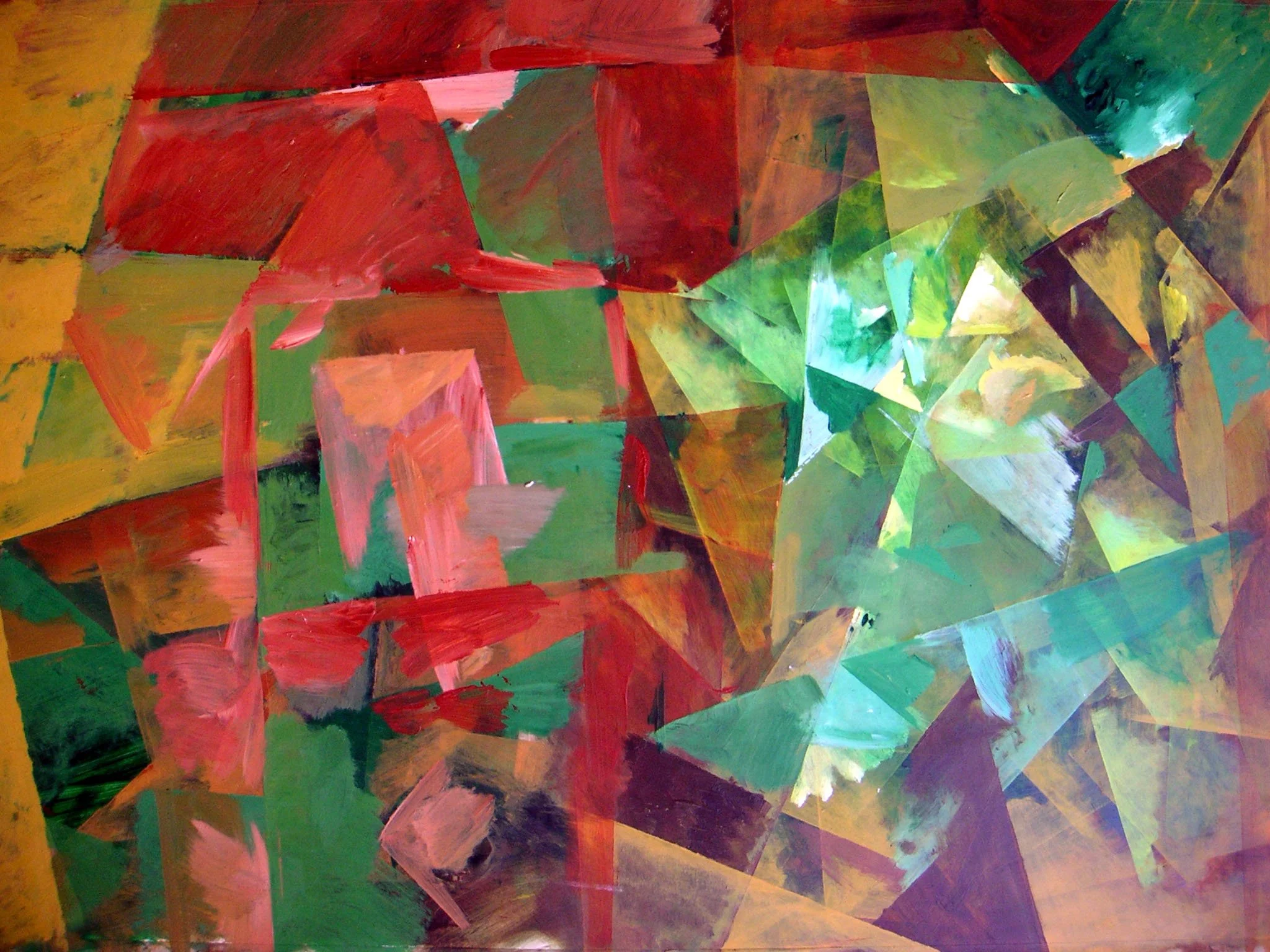 Abstract geometric painting with overlapping shapes in red, green, yellow, and purple.