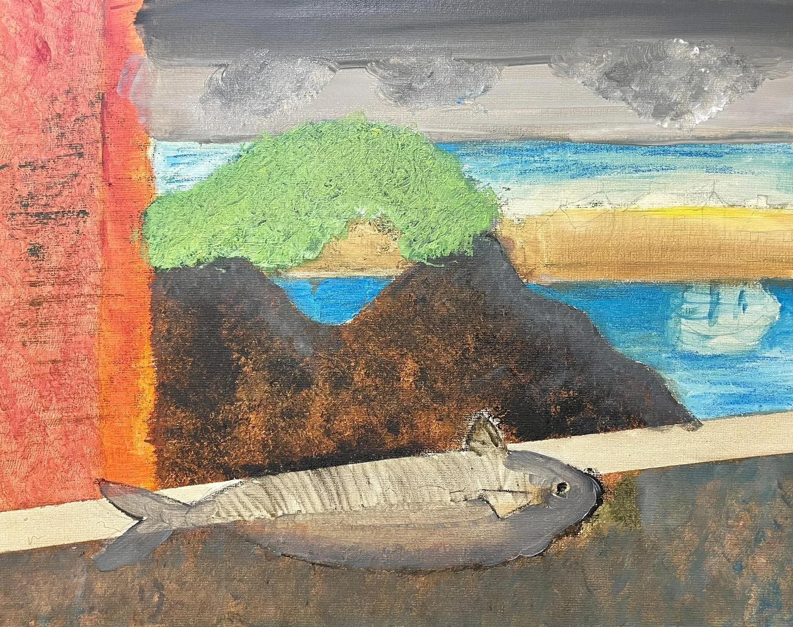 A painting of a fish lying on a surface in front of a window showing a landscape with green trees, water, and cloudy sky.