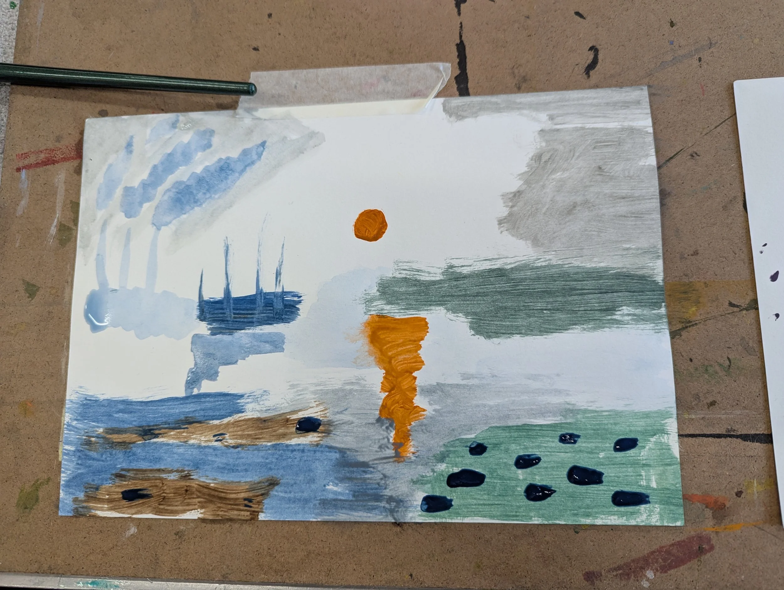 A watercolor painting of a boat on water with the sun reflecting on the surface, in a landscape featuring clouds and trees.