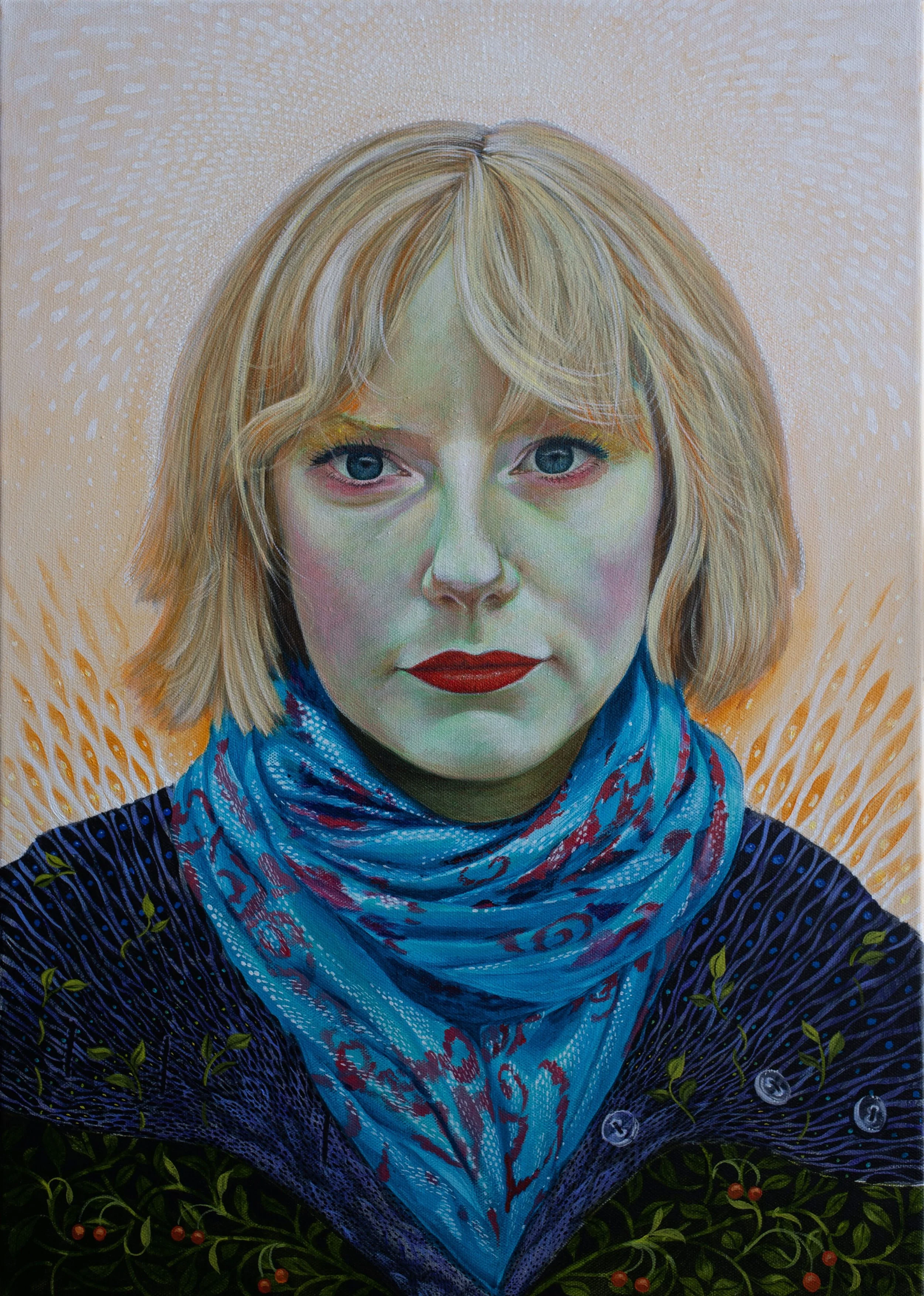 A portrait of a Hazel wearing a blue patterned scarf and a dark top with decorative plant motifs, against a peach-coloured background with dotted and abstract patterns radiating from her.