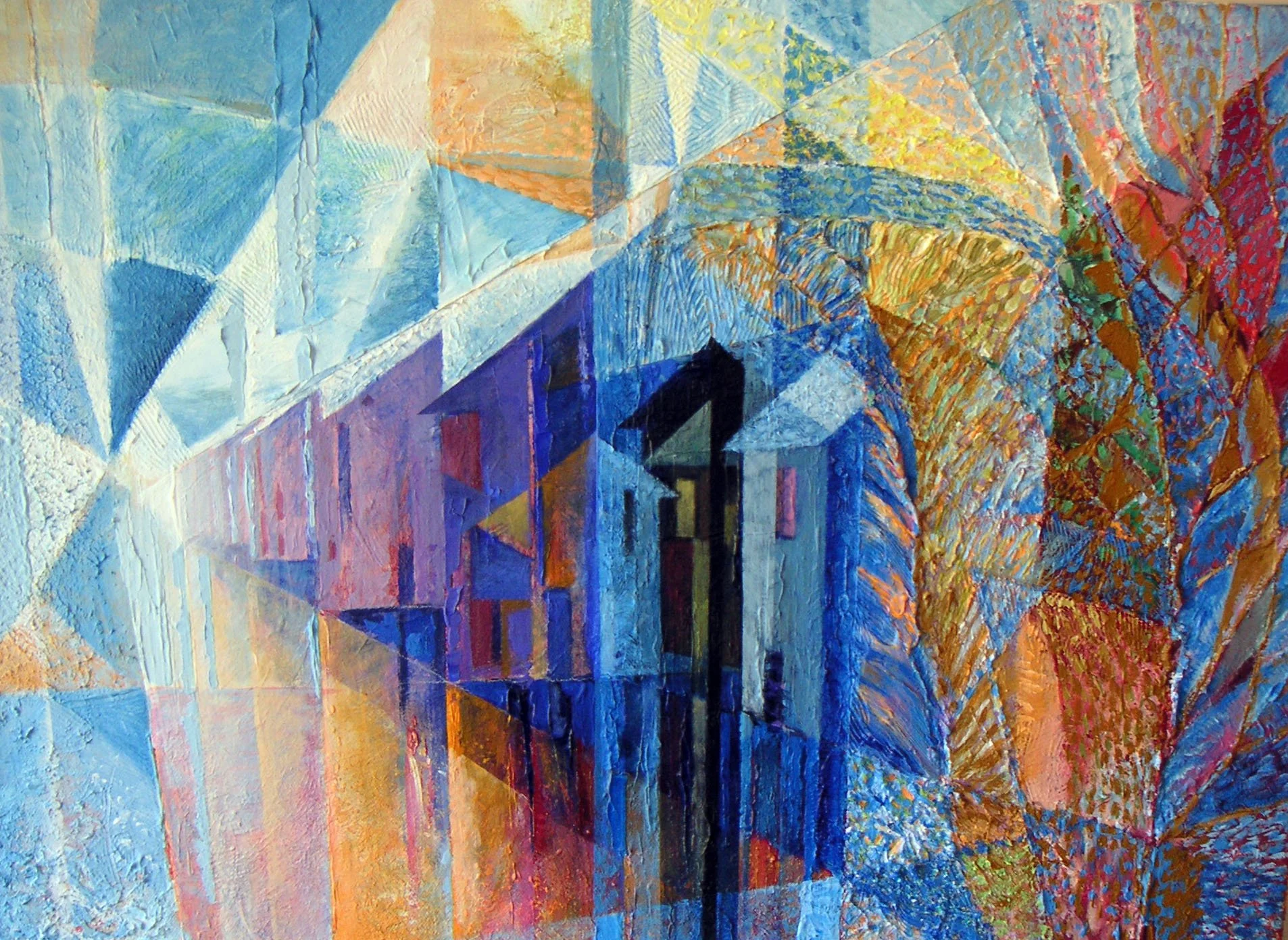 Abstract painting depicting colorful geometric shapes, architectural structures, and a street scene with vibrant hues of blue, orange, red, and yellow.