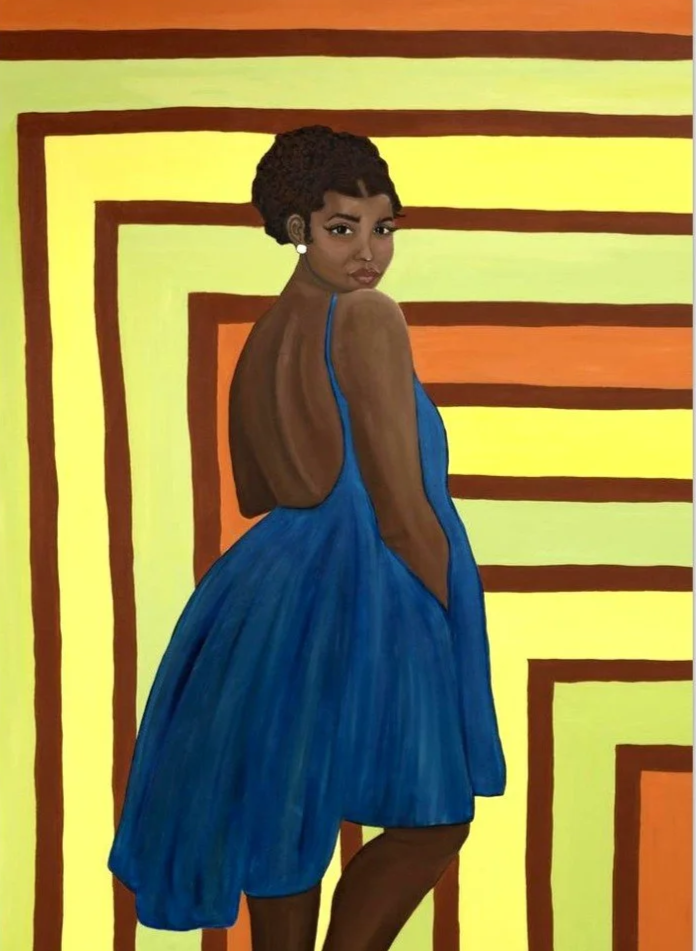 A woman with dark skin, short curly hair, and pearl earrings wearing a blue dress, standing with her back slightly turned against a colorful, geometric background.