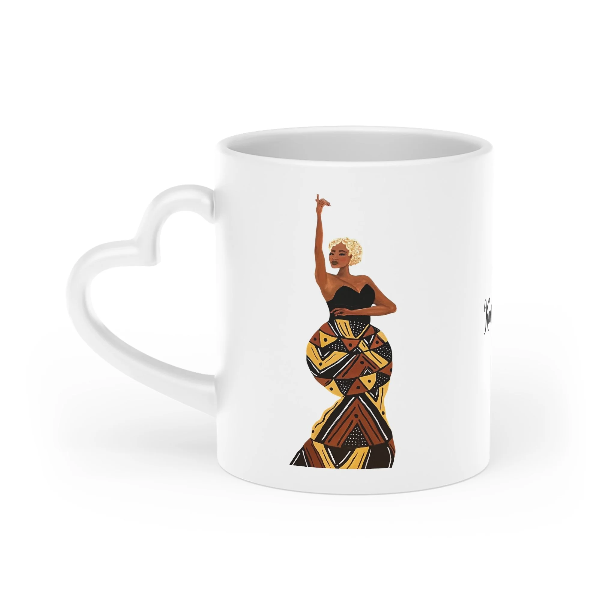 African Mud Cloth Dress Heart-Shaped Mug — Personalized Romantic Coffee Cup with 'Kameko Rae' Script Logo