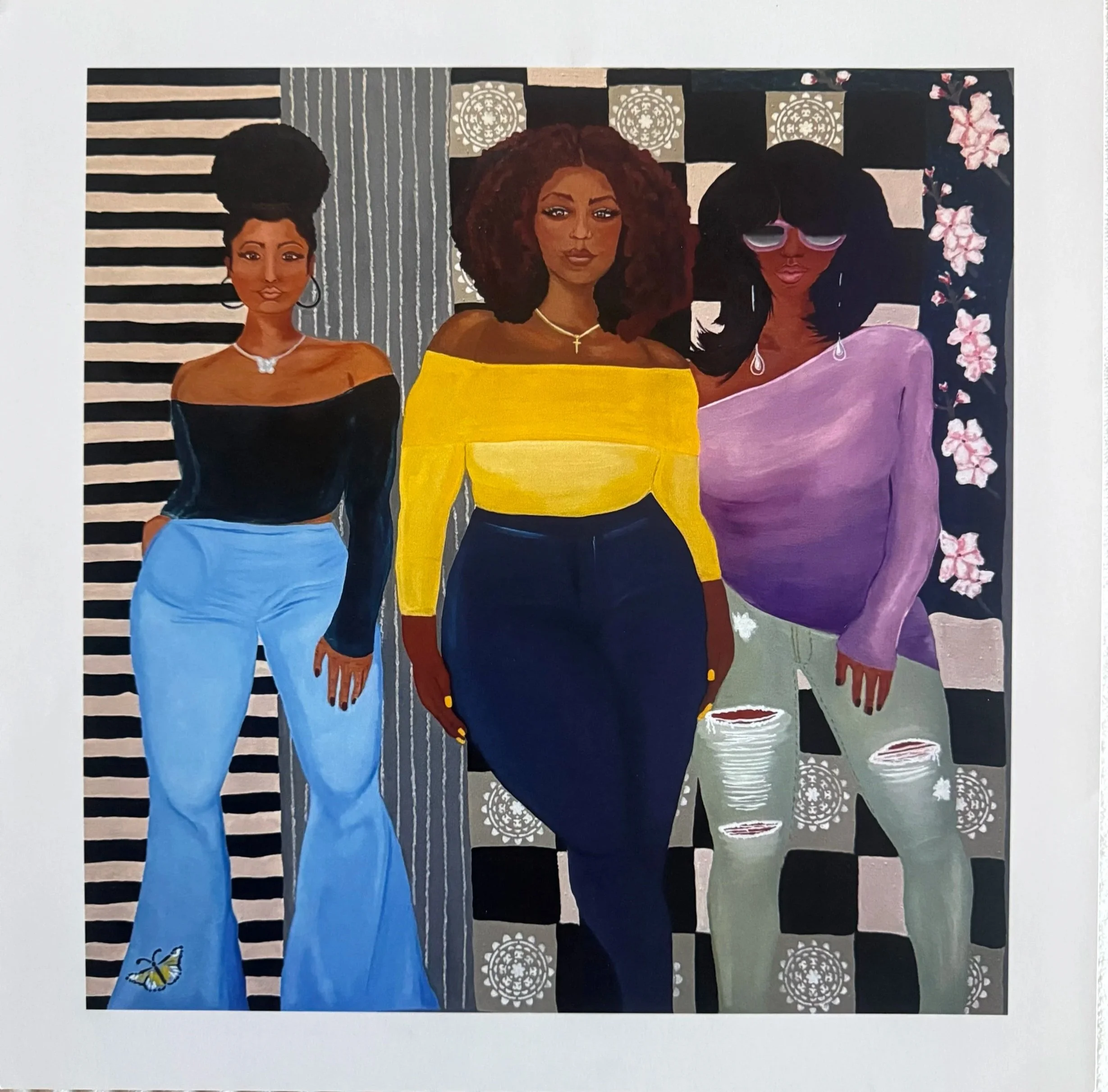 Painting of four women standing side by side. The woman on the left has dark hair in an updo and is wearing an off-the-shoulder black top, blue pants, and jewelry. The second woman has voluminous curly hair and wears a yellow off-the-shoulder top with a necklace. The third woman has voluminous dark hair and is wearing a purple off-the-shoulder dress with jewelry. The woman on the right has straight black hair with pink sunglasses and wears a purple off-the-shoulder dress. A black and white striped background with floral and circular patterns is behind them.